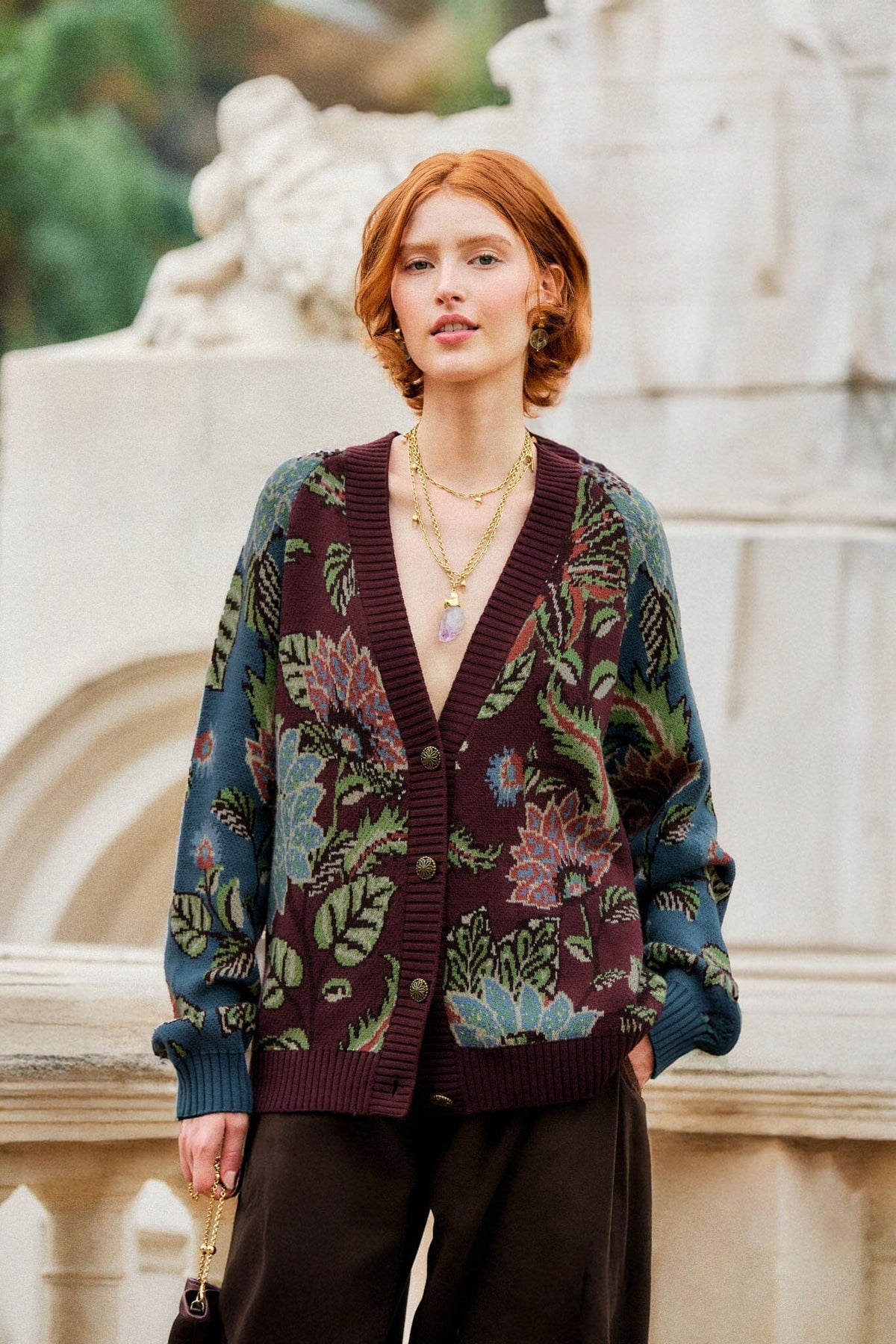 Cardigan lavorato con bottoni e motivo floreale Delhi misto