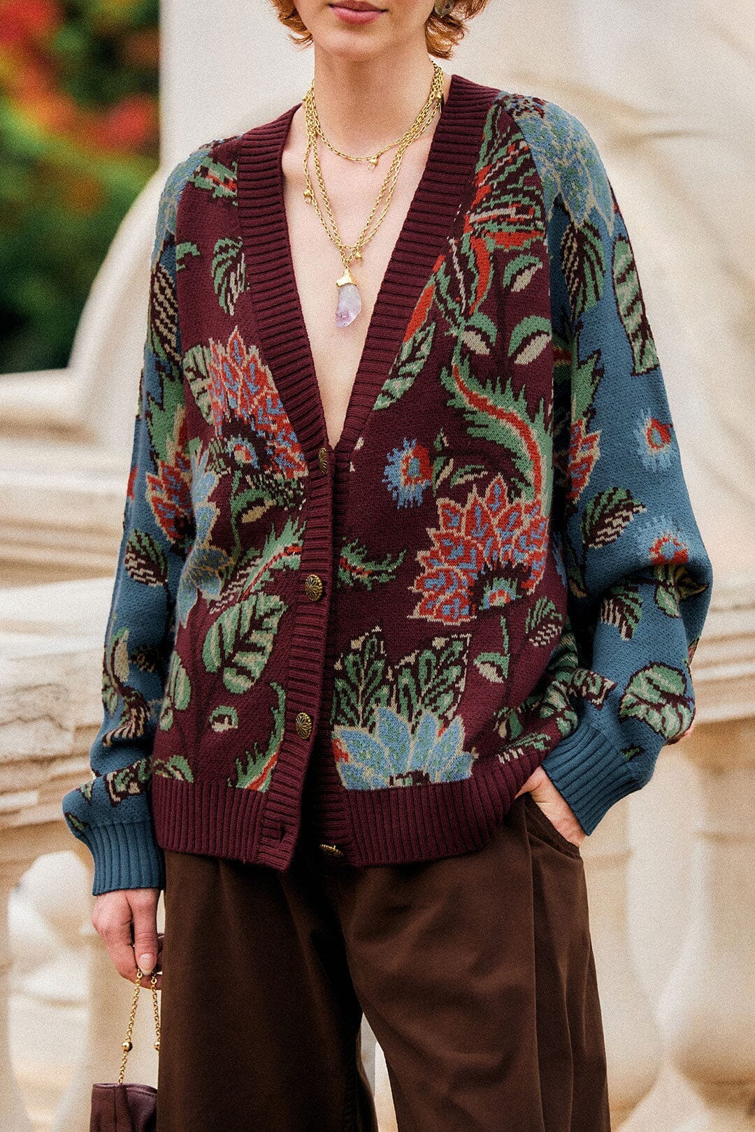 Cardigan lavorato con bottoni e motivo floreale Delhi misto