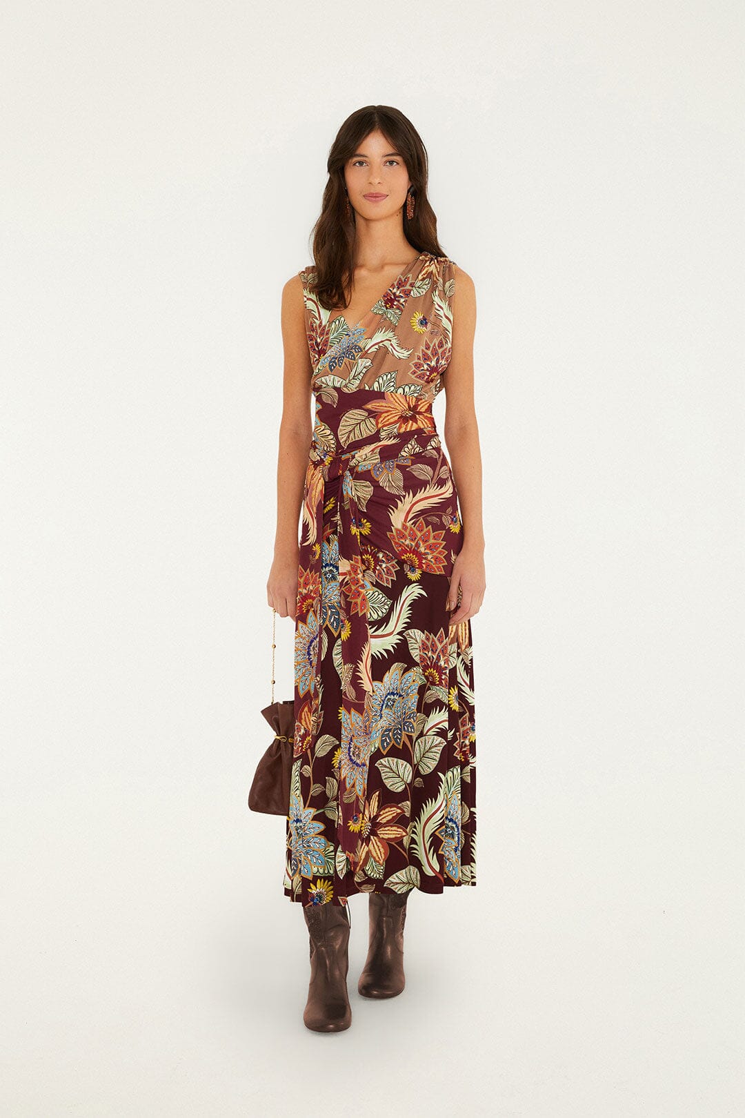 FARM Rio model wearing the Mixed Delhi Floral Sleveless Midi Dress
