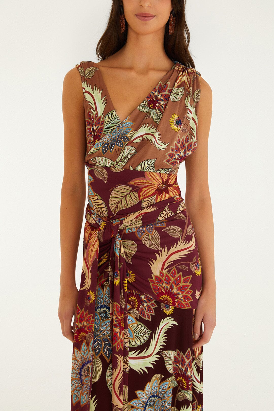 FARM Rio model wearing the Mixed Delhi Floral Sleveless Midi Dress