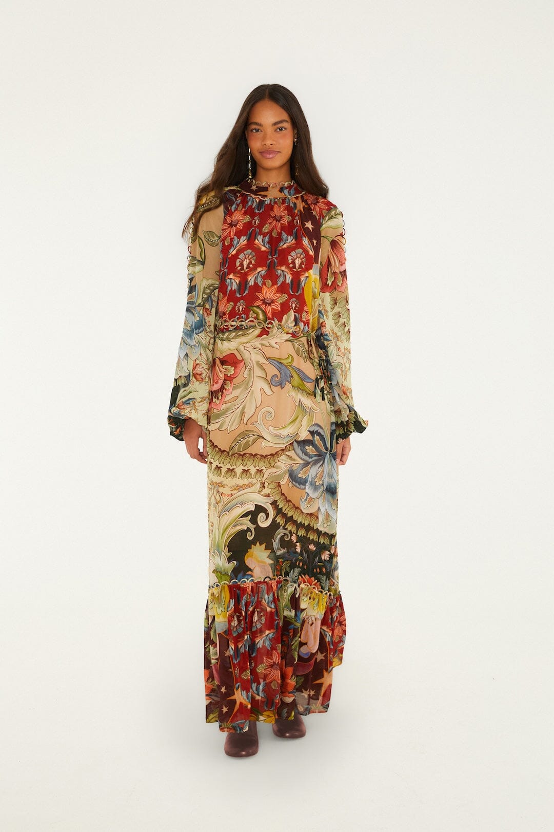 FARM Rio model wearing the Mixed Lunar Boho Long Sleeve Maxi Dress