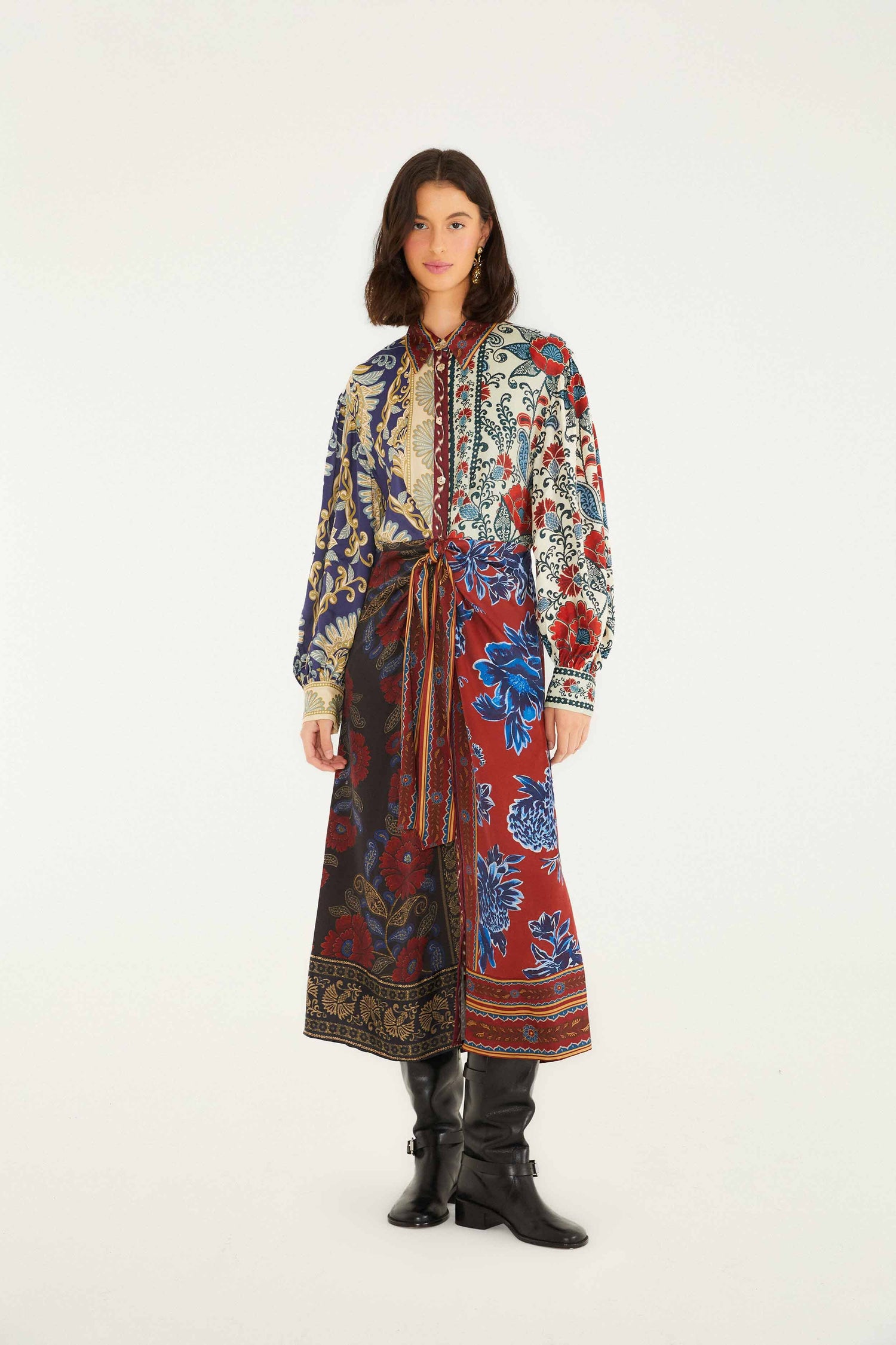 FARM Rio model wearing the Mixed Navy Winter Lenzing� Ecovero� Viscose Midi Dress