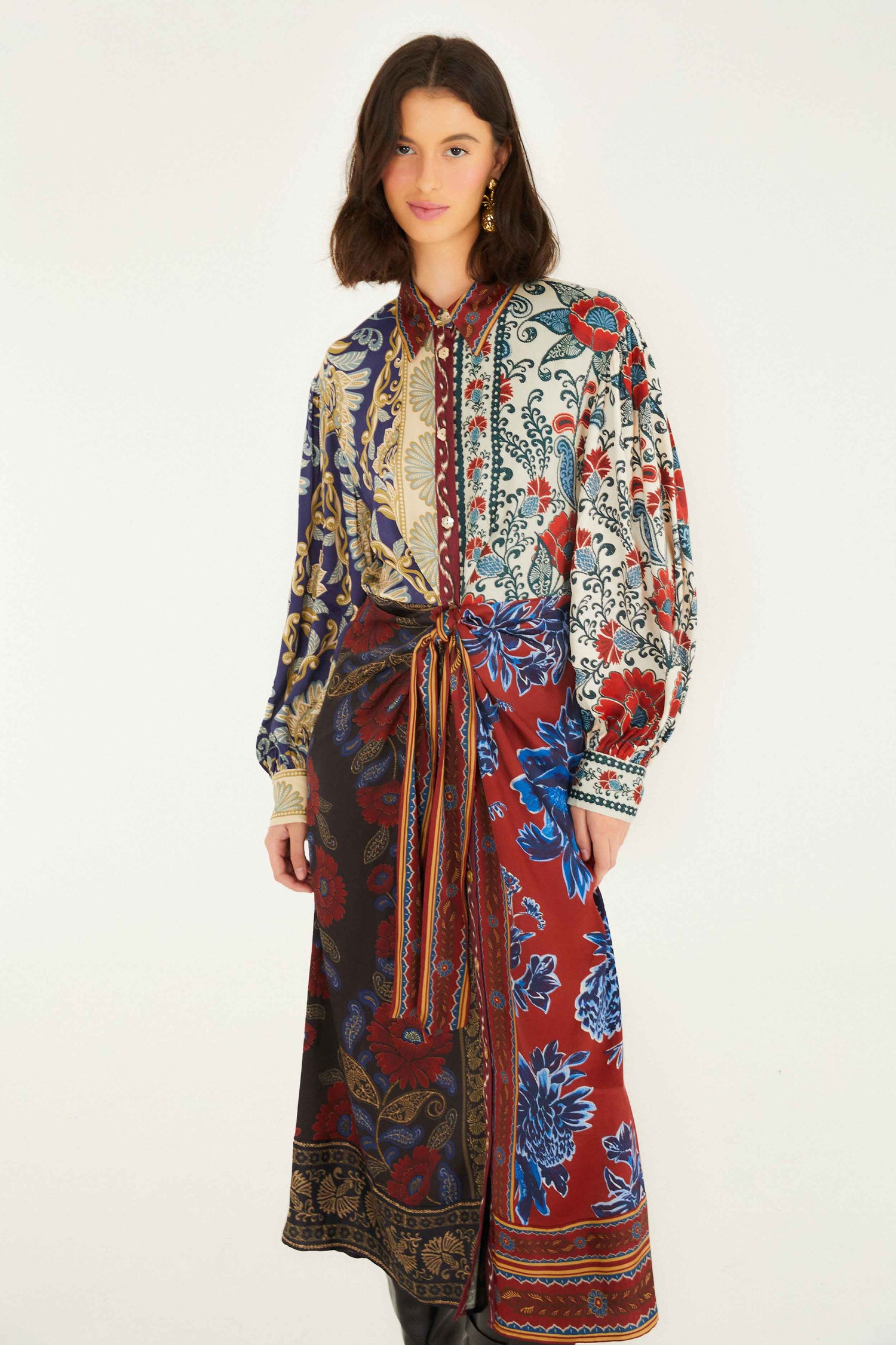 FARM Rio model wearing the Mixed Navy Winter Lenzing� Ecovero� Viscose Midi Dress