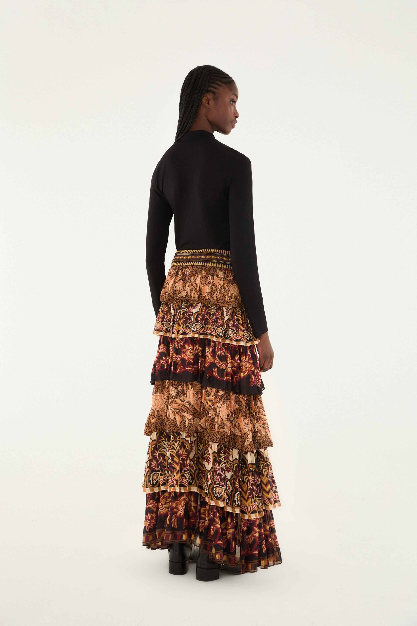 FARM Rio model wearing the Mixed Scarves Ruffled Maxi Skirt