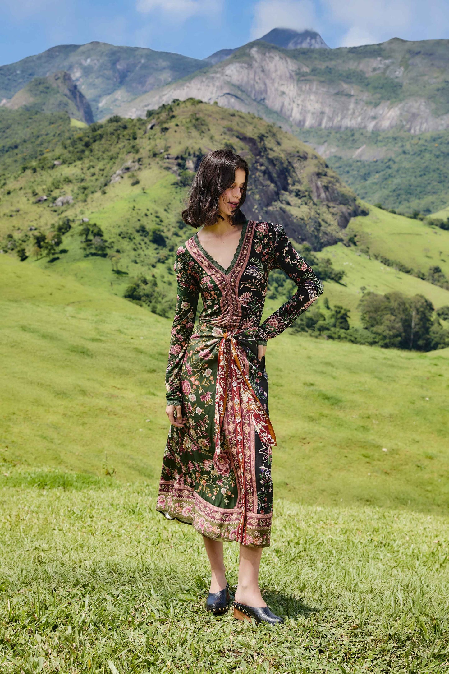 FARM Rio model wearing the Mixed Winter Garden Lenzing� Ecovero� Viscose Midi Skirt