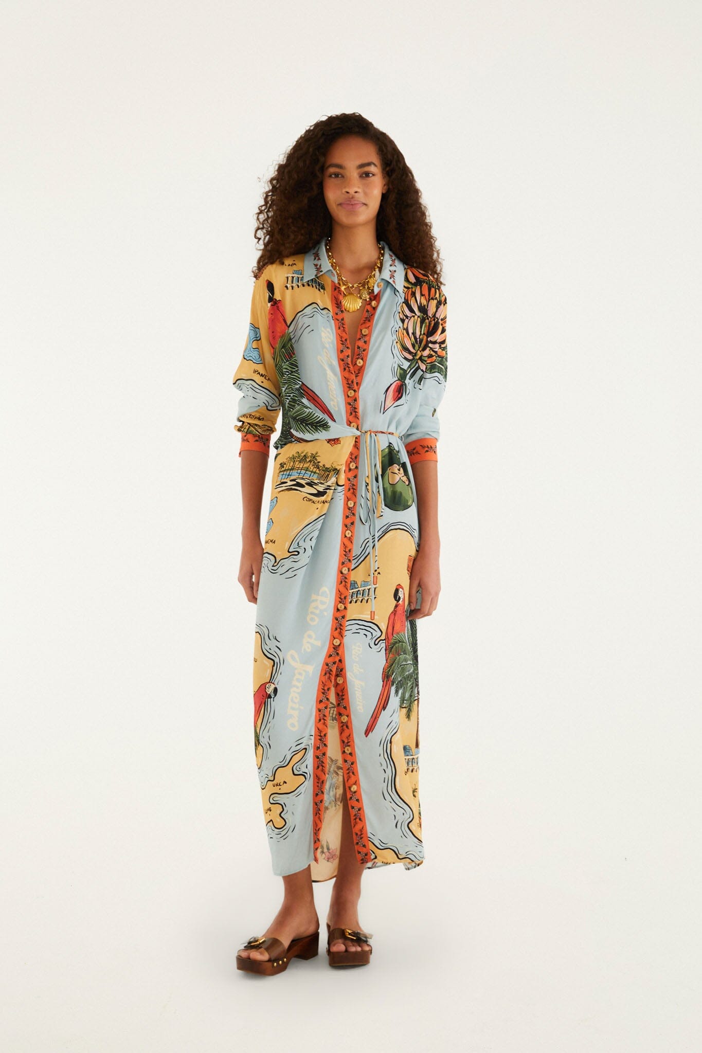 FARM Rio model wearing the Multicolor Beaches Path Collared Buttoned Maxi Dress