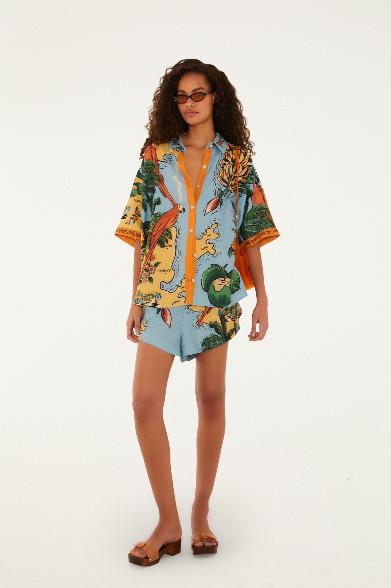 FARM Rio model wearing the Multicolor Beaches Path Drawstring Shorts