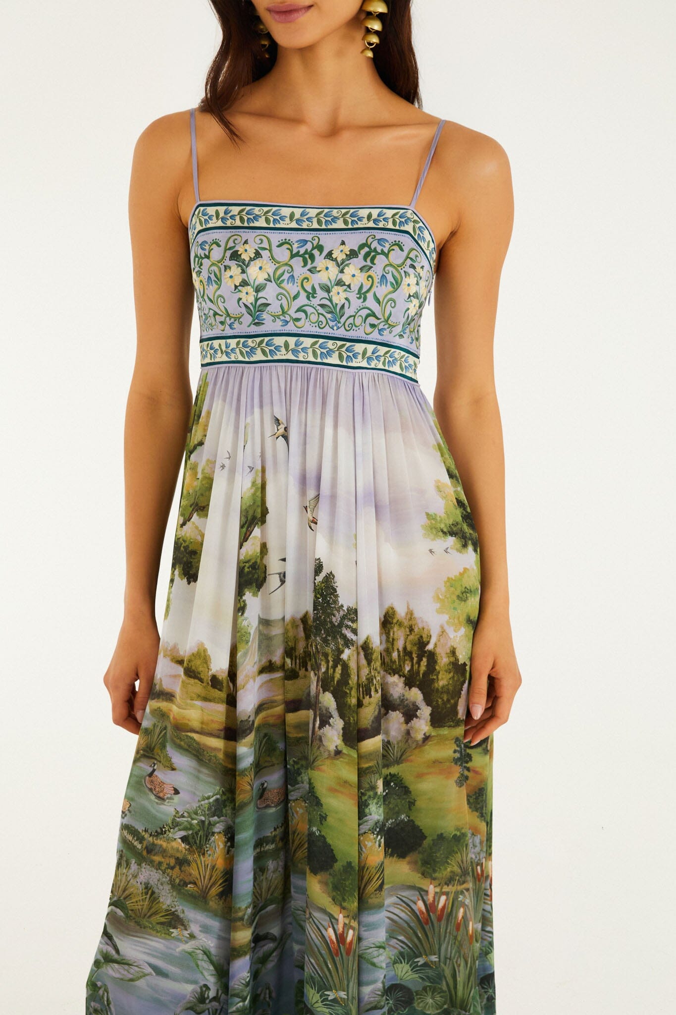 FARM Rio model wearing the Multicolor Countryside Landscape Adjustable Straps Maxi Dress