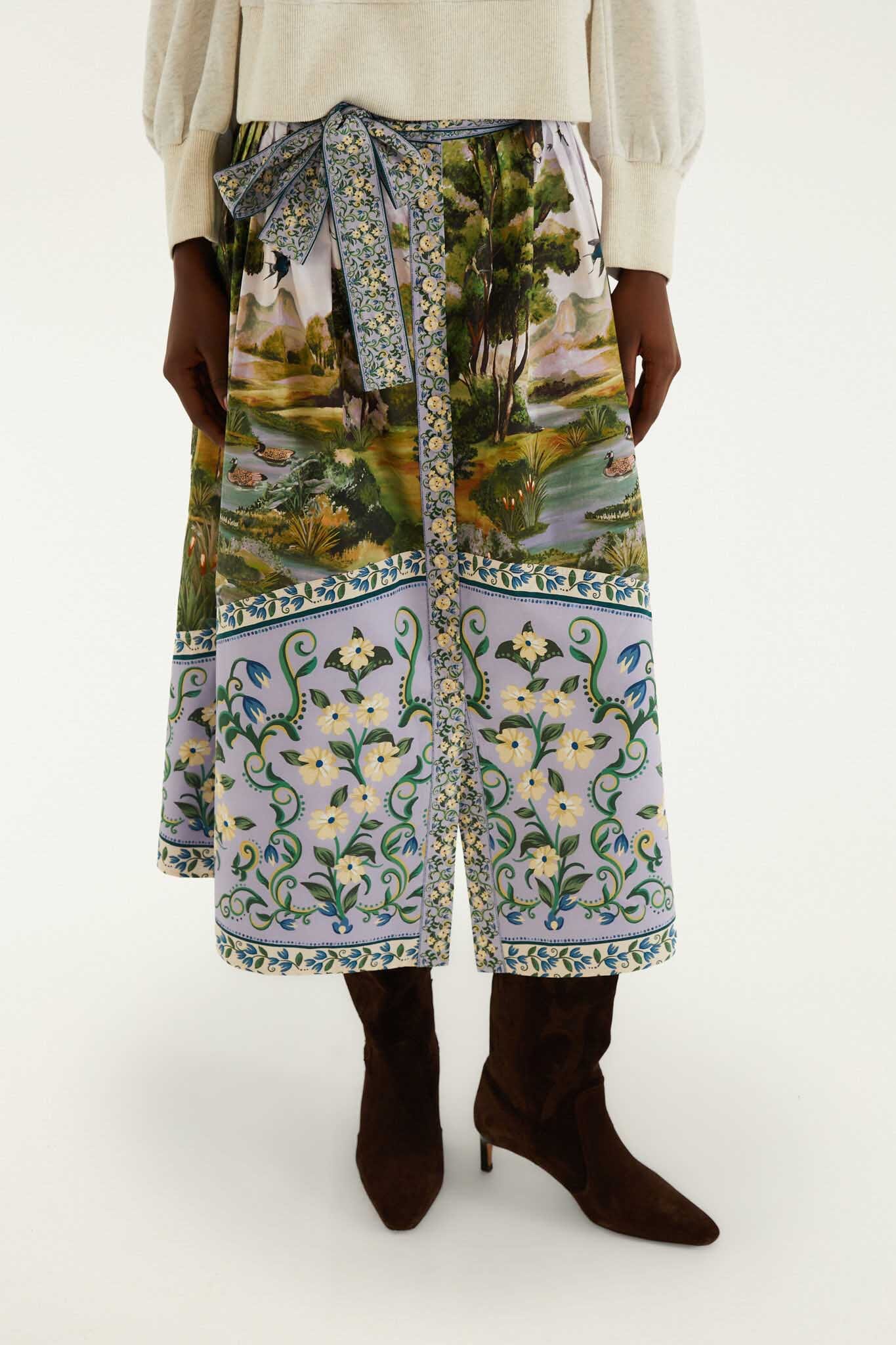 FARM Rio model wearing the Multicolor Countryside Landscape Belted Midi Skirt