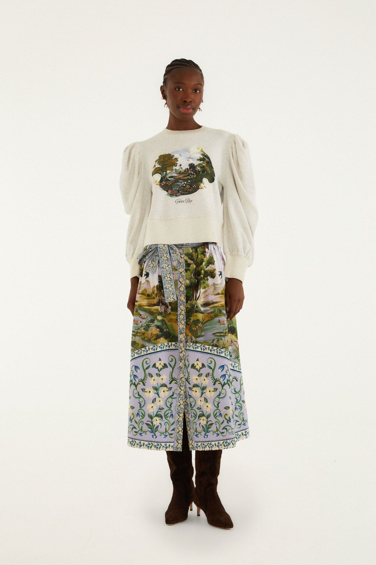 Minifalda midi multicolor con cinturón y estampado de paisaje campestre