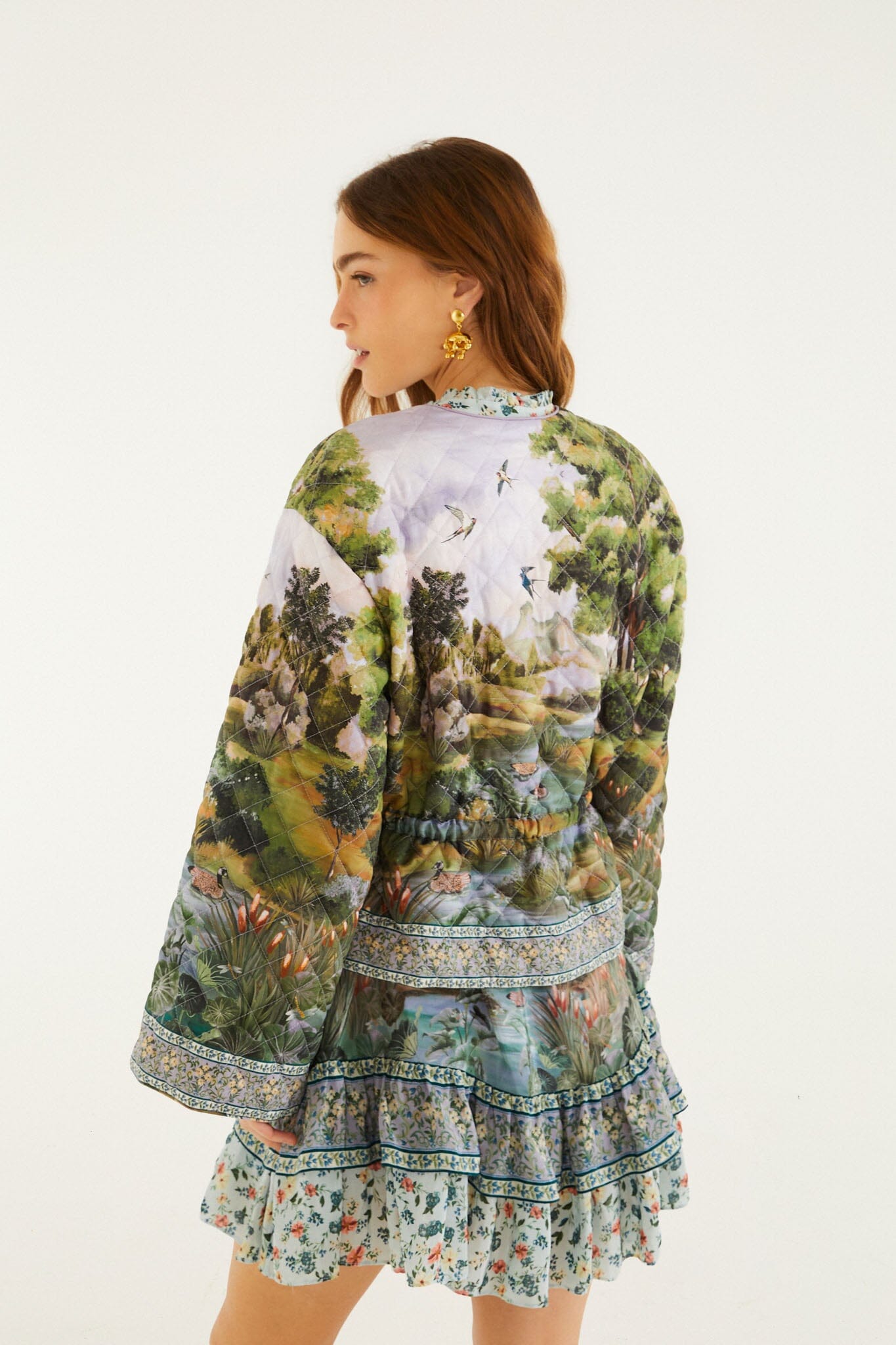 FARM Rio model wearing the Multicolor Countryside Landscape Quilted Kimono Jacket