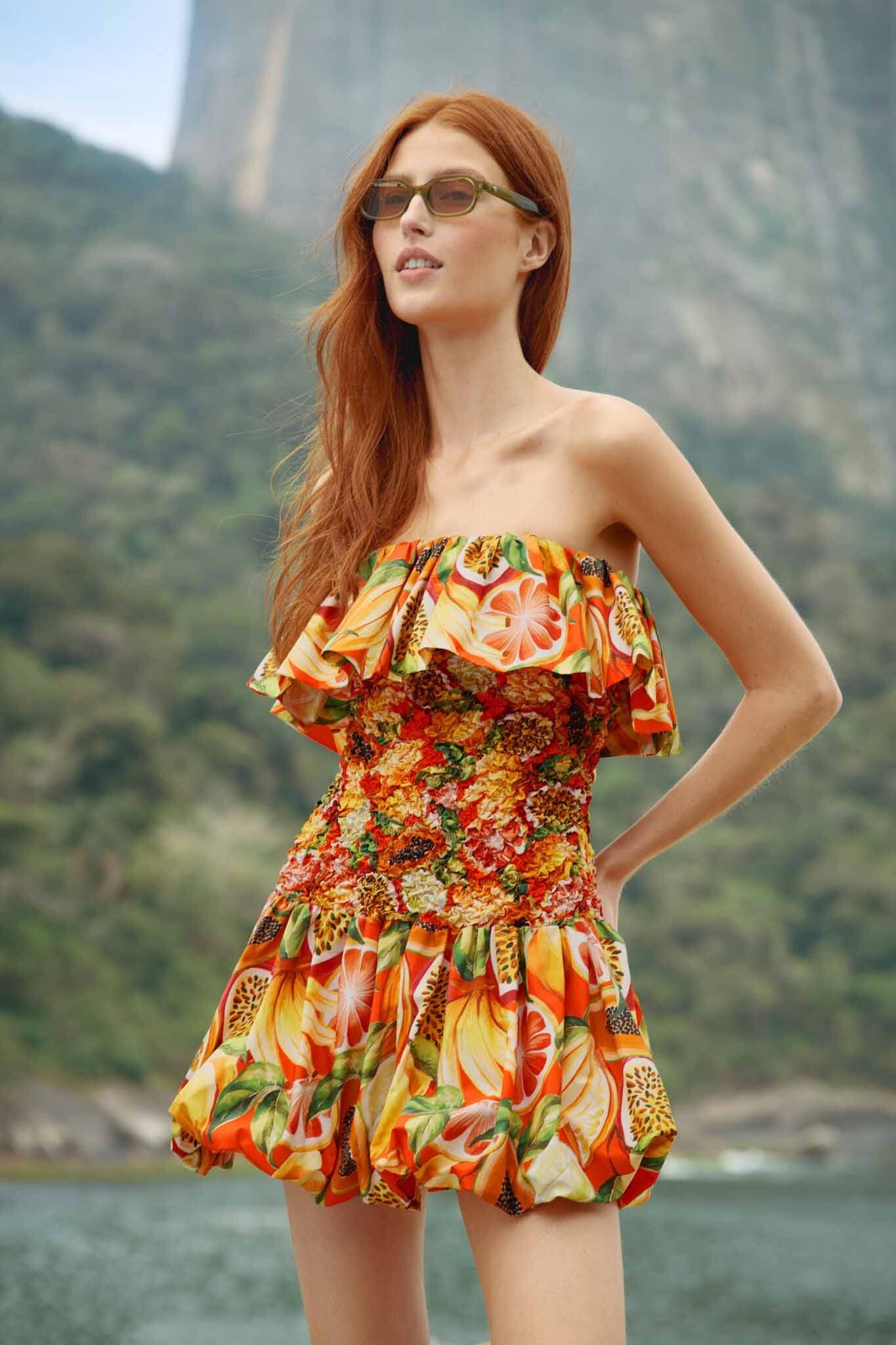 fruit mini dress Multicolor Fruit Garden Red Smocked Balloon Mini Dress