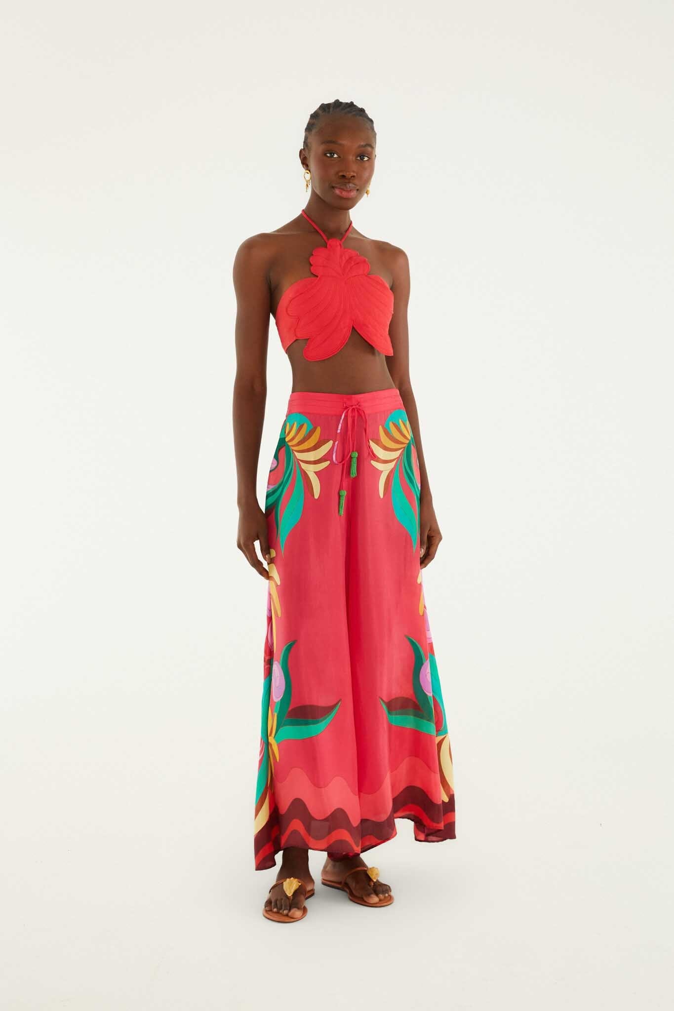 FARM Rio model wearing the Multicolor Nature Beaded Tasssels Wide-Leg Pants