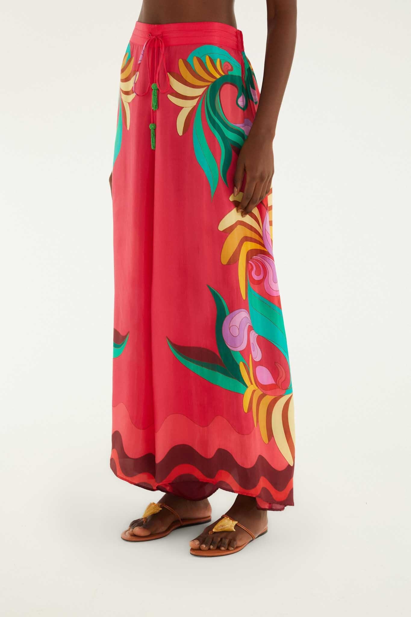 FARM Rio model wearing the Multicolor Nature Beaded Tasssels Wide-Leg Pants