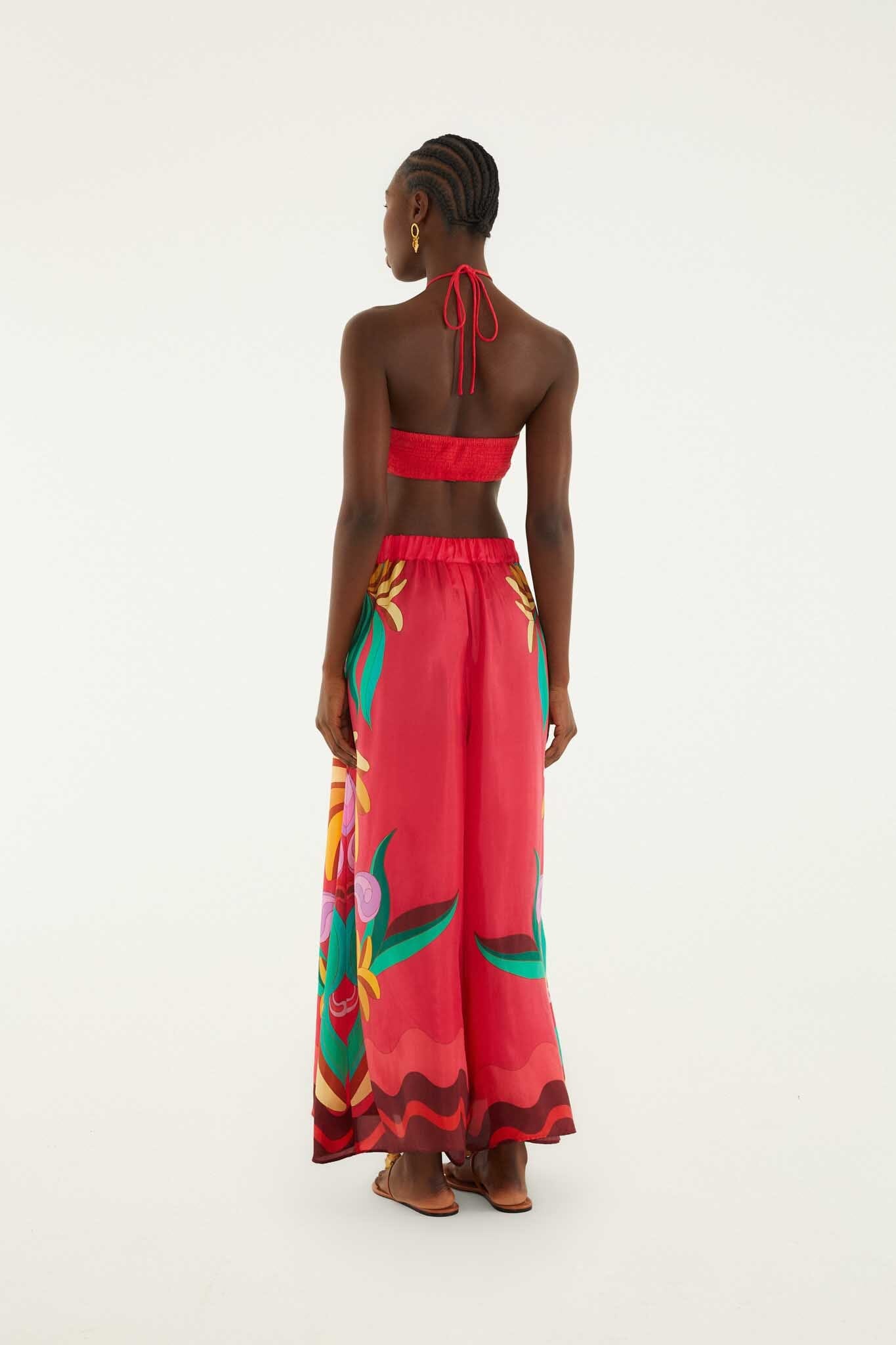 FARM Rio model wearing the Multicolor Nature Beaded Tasssels Wide-Leg Pants