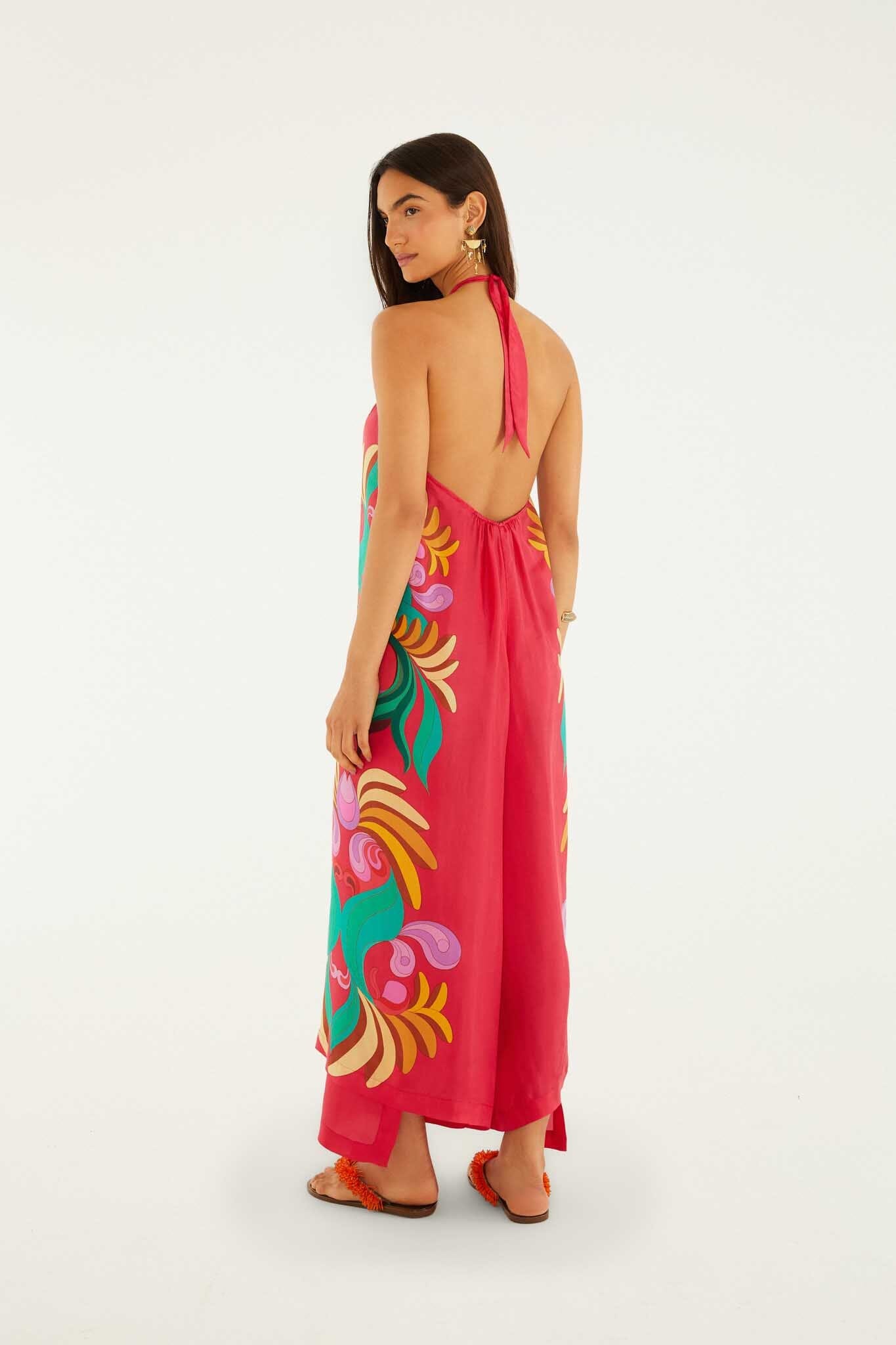 FARM Rio model wearing the Multicolor Open Front Halter Neck Jumpsuit