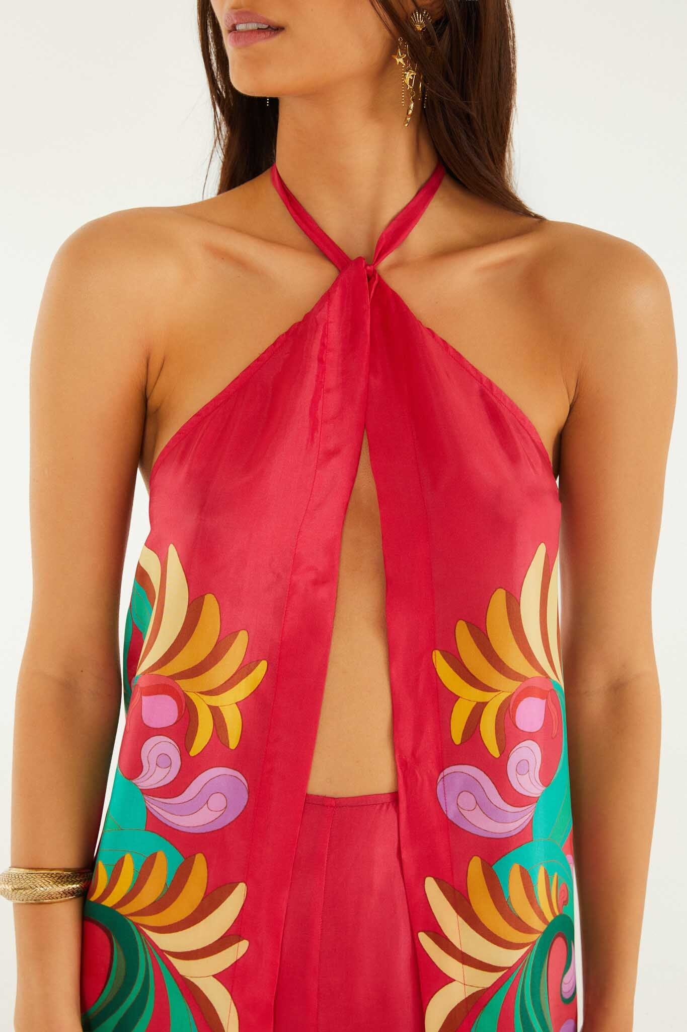 FARM Rio model wearing the Multicolor Open Front Halter Neck Jumpsuit