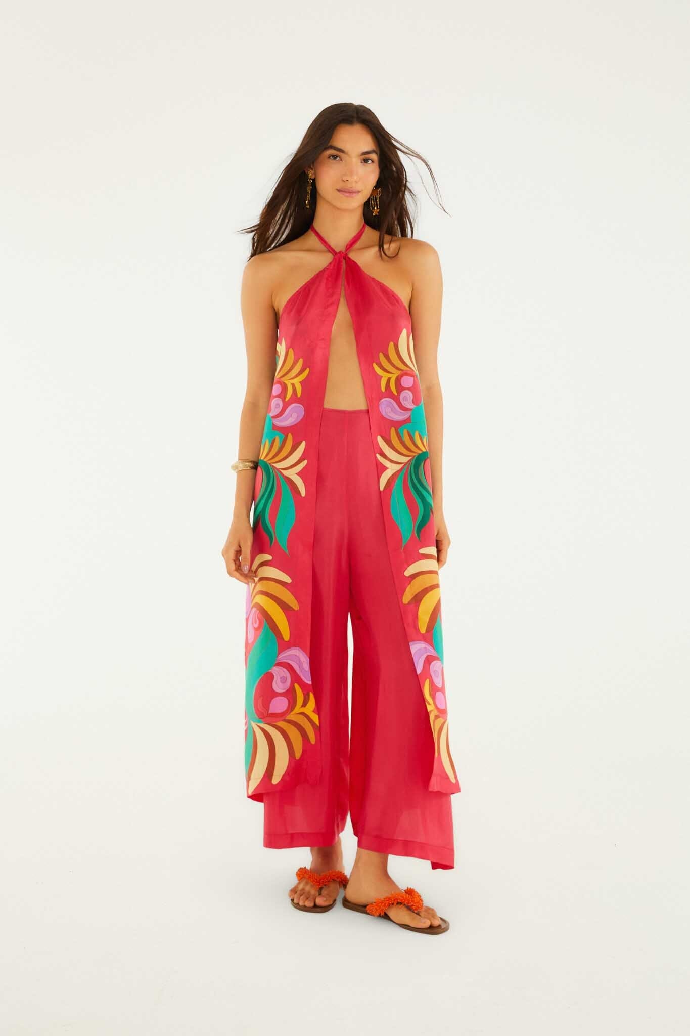 FARM Rio model wearing the Multicolor Open Front Halter Neck Jumpsuit