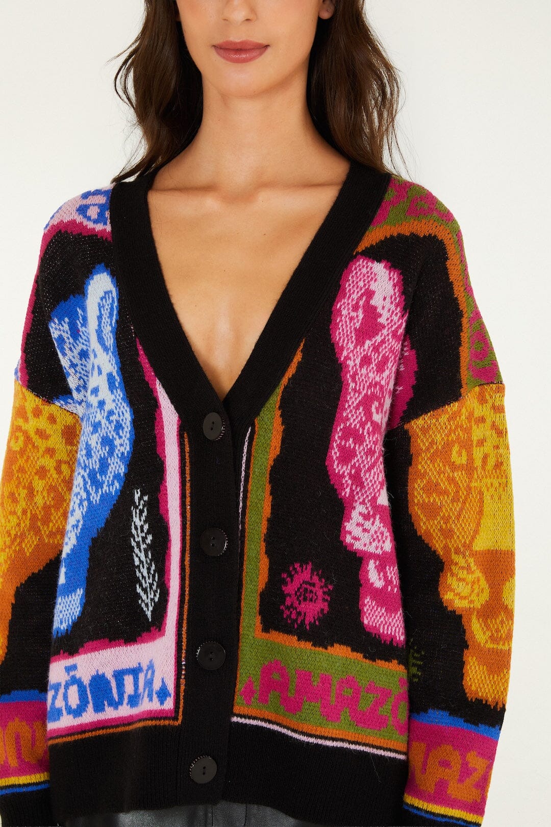 Cardigan in maglia con bottoni e pantere multicolore