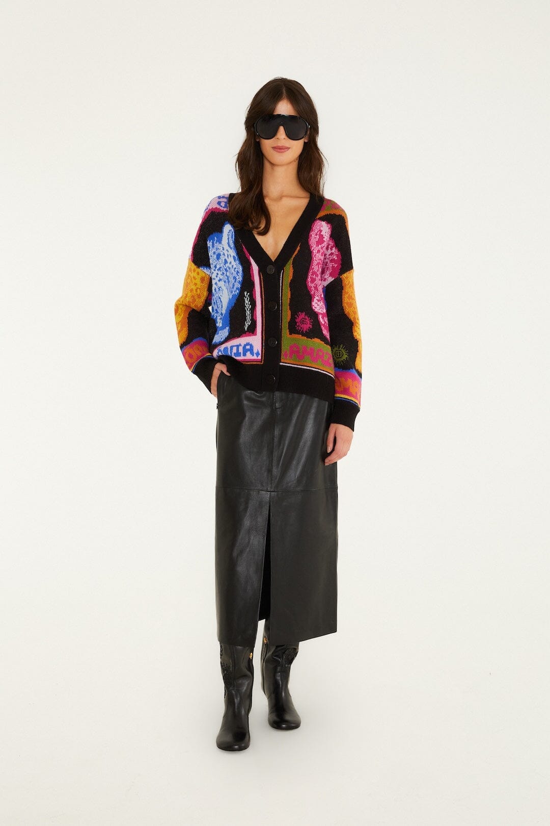 Cardigan in maglia con bottoni e pantere multicolore