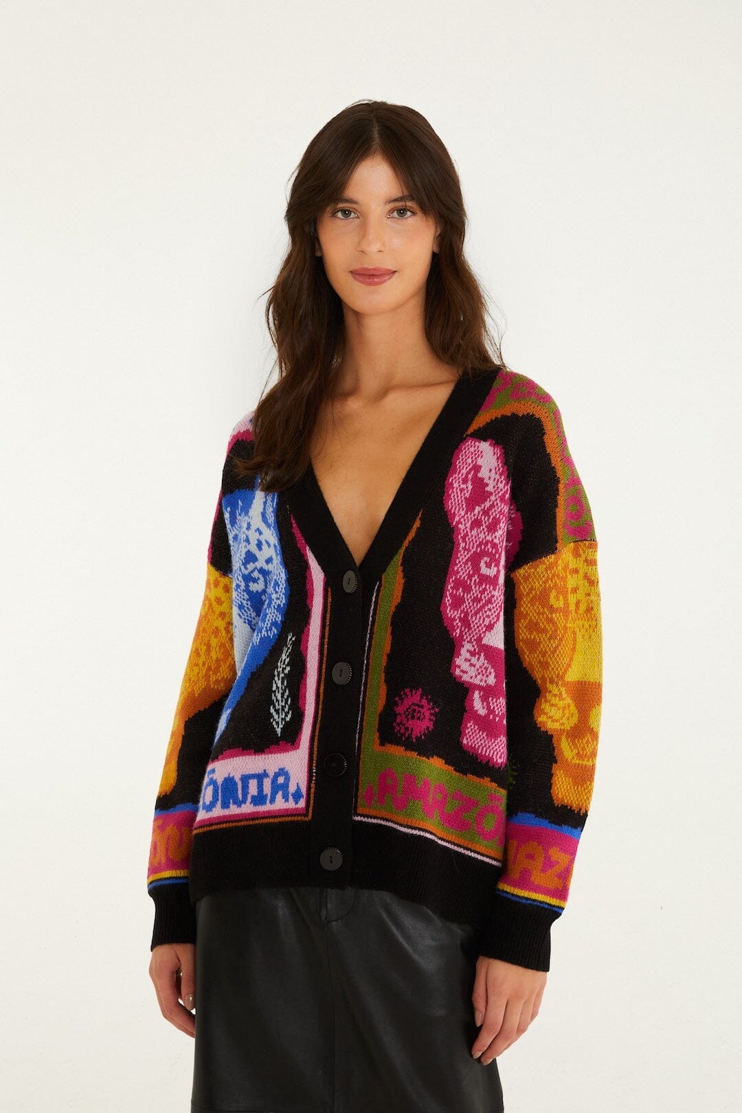 Cardigan in maglia con bottoni e pantere multicolore