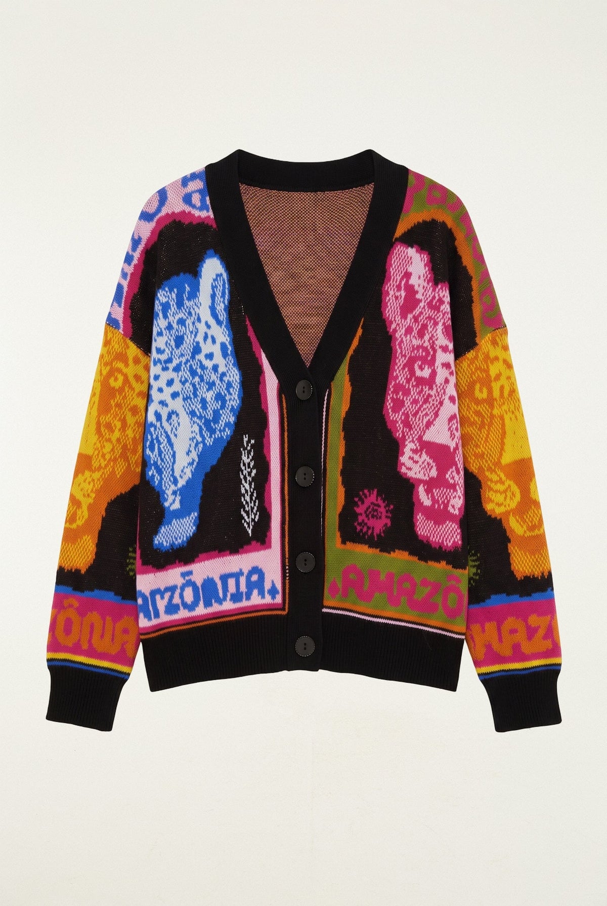 Cardigan in maglia con bottoni e pantere multicolore