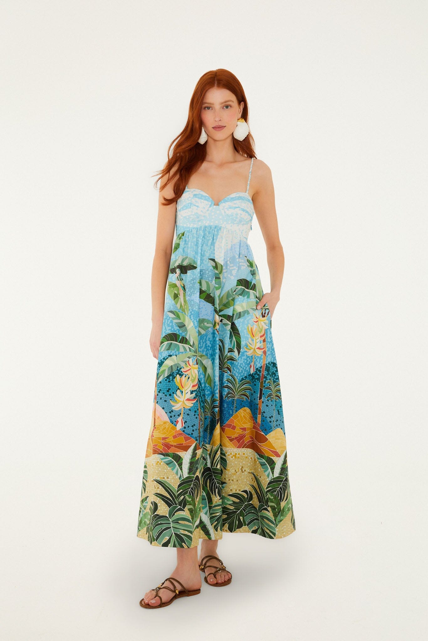 FARM Rio model wearing the Multicolor Rio Mosaic Sweetheart Neck Maxi Dress
