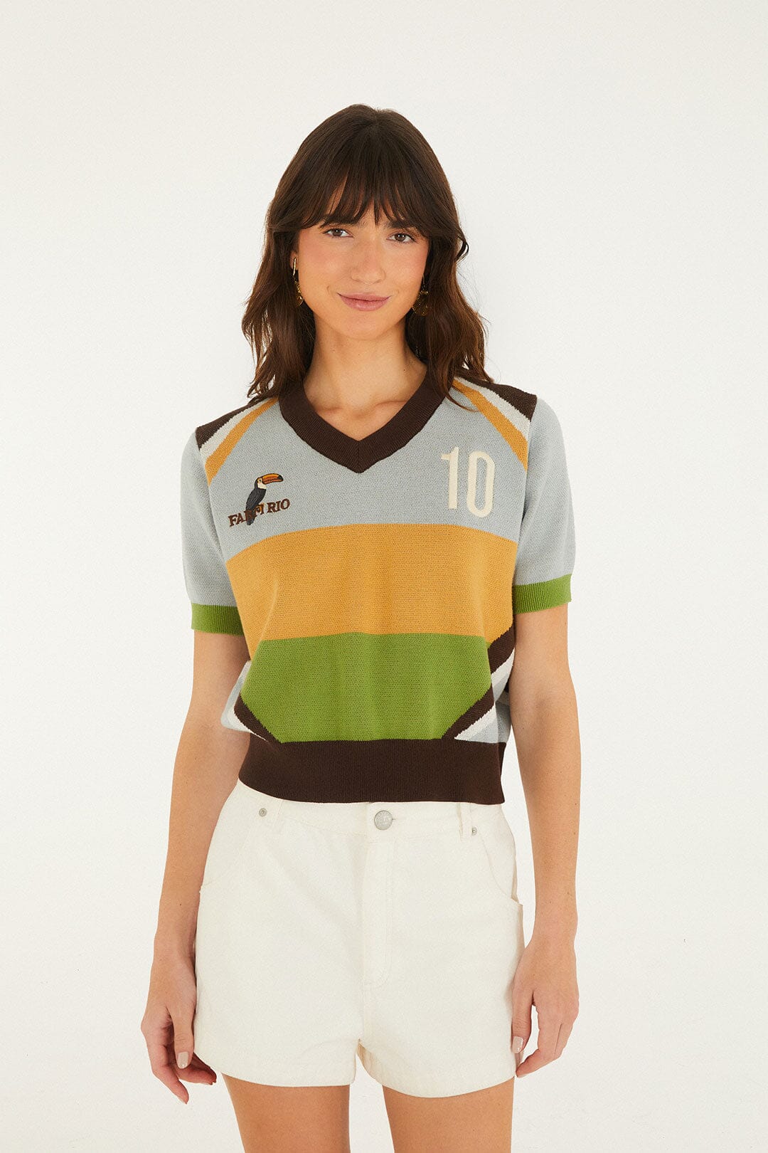 FARM Rio model wearing the Multicolor Toucan Short Sleeve Knit Top