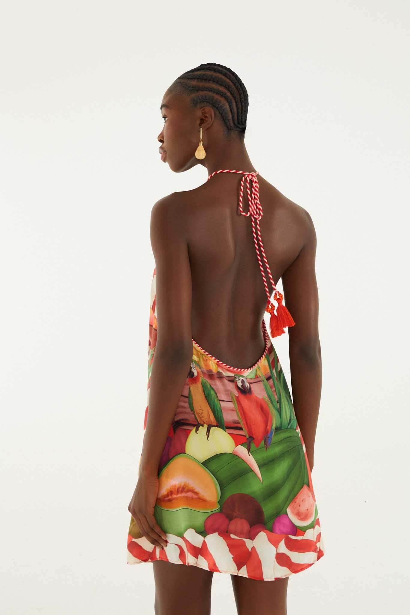 FARM Rio model wearing the Multicolor Tropical Rope Ties Mini Dress