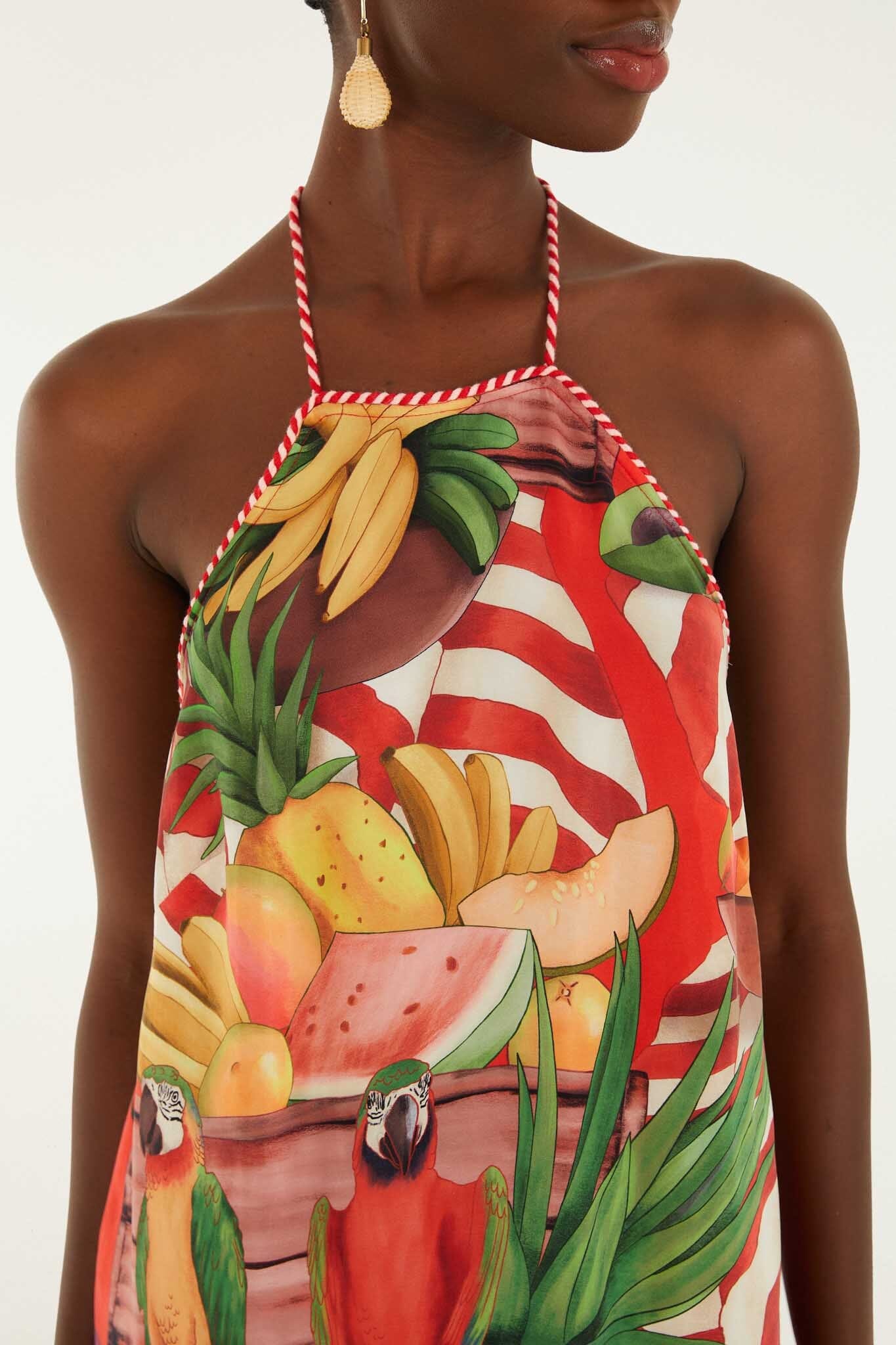 FARM Rio model wearing the Multicolor Tropical Rope Ties Mini Dress