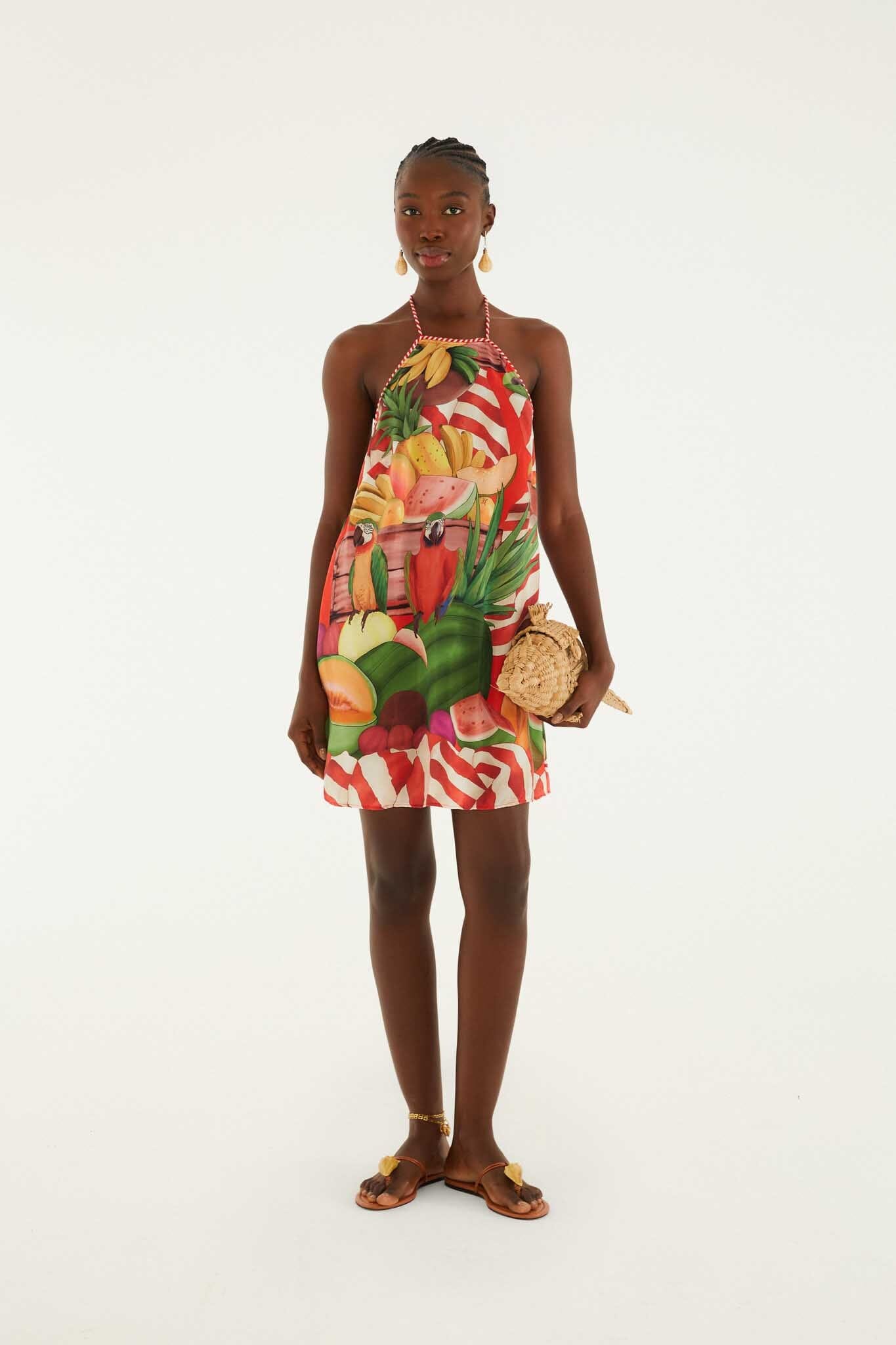 FARM Rio model wearing the Multicolor Tropical Rope Ties Mini Dress