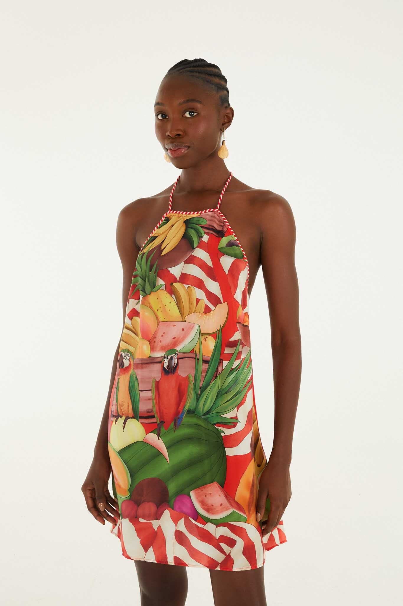 FARM Rio model wearing the Multicolor Tropical Rope Ties Mini Dress