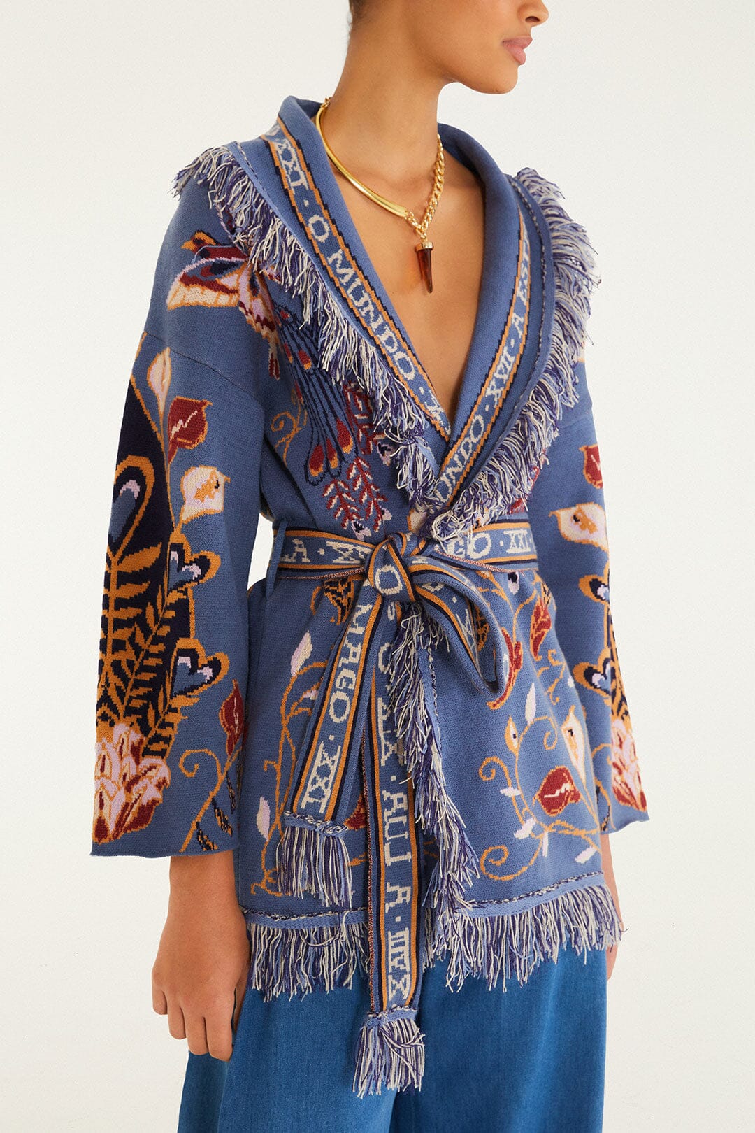 FARM Rio model wearing the Mystical Paradise Layer Knit Kimono