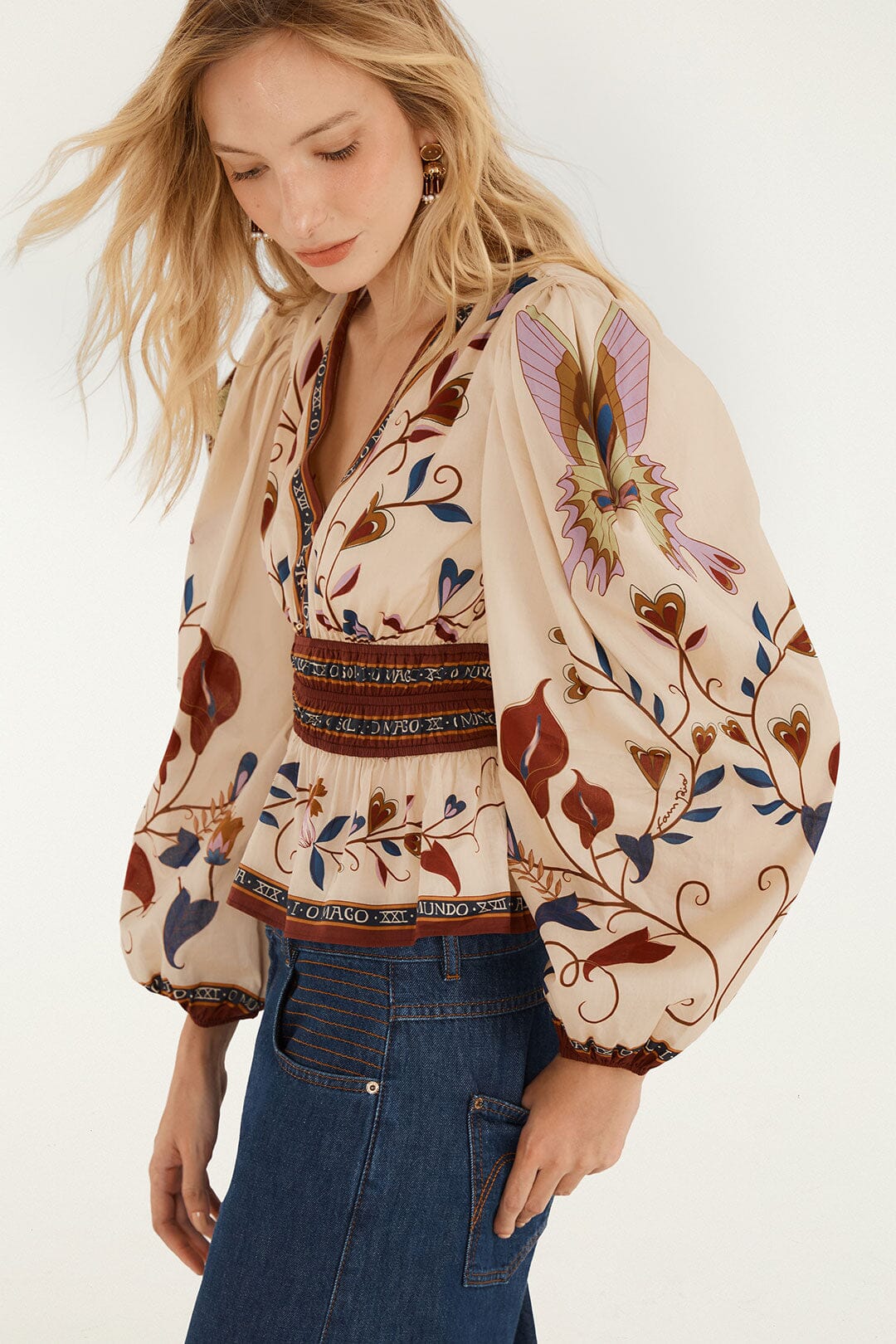 FARM Rio model wearing the Mystical Paradise Long Sleeve Blouse