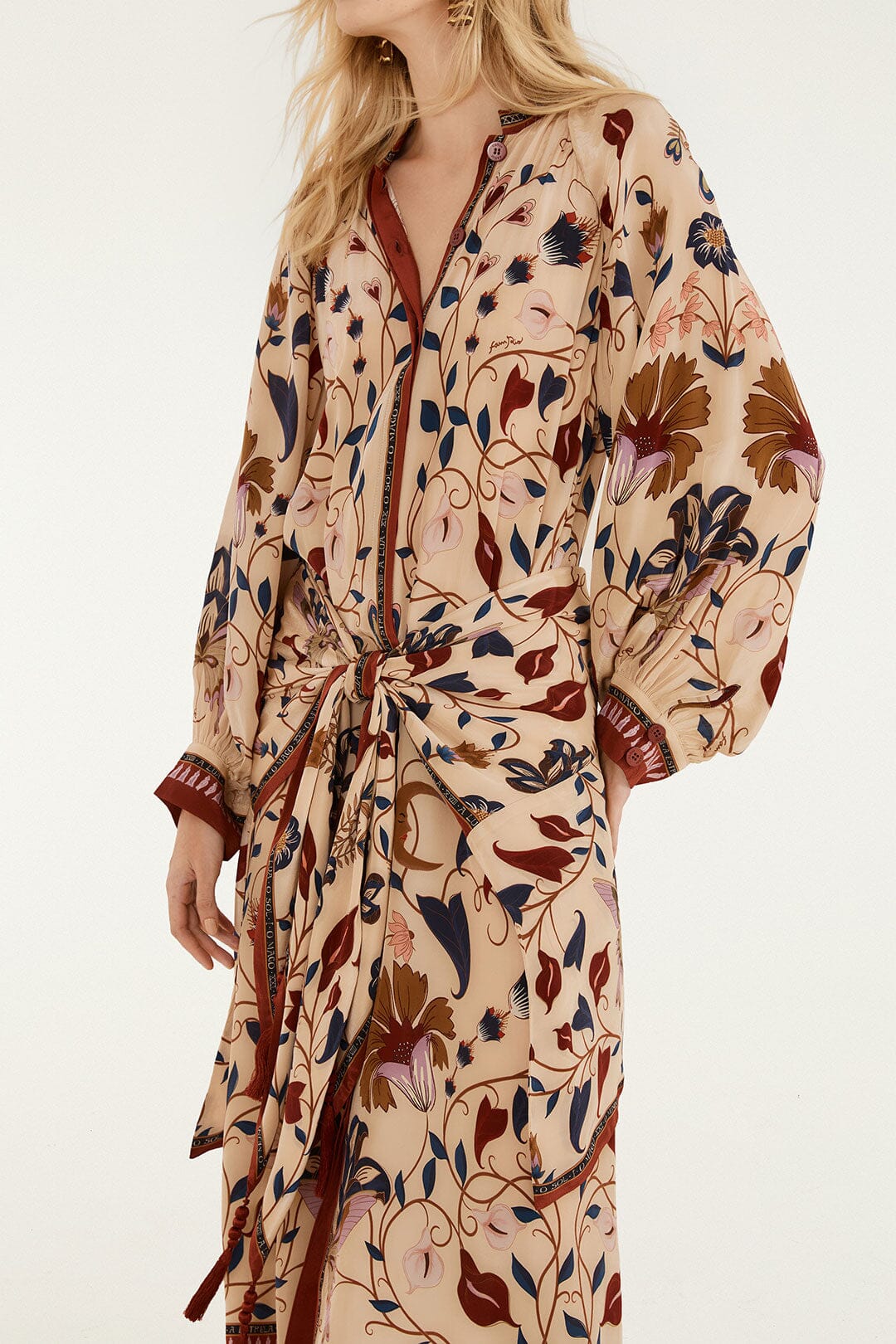 FARM Rio model wearing the Mystical Paradise Long Sleeve Midi Dress