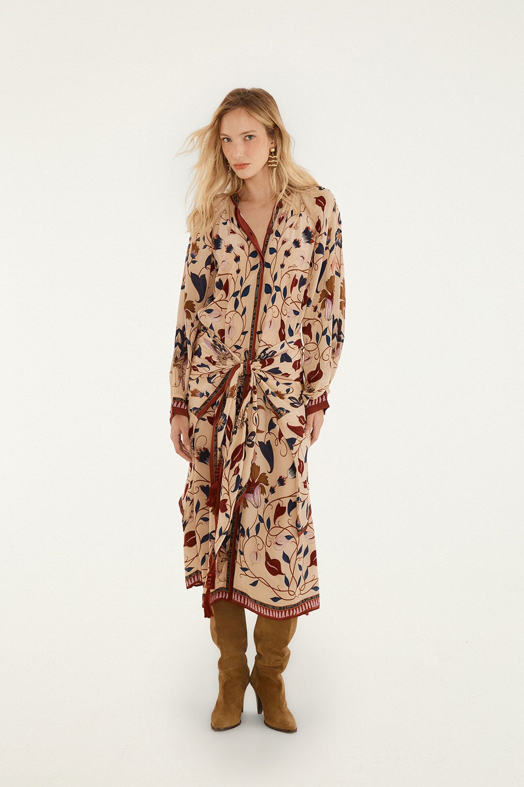 FARM Rio model wearing the Mystical Paradise Long Sleeve Midi Dress