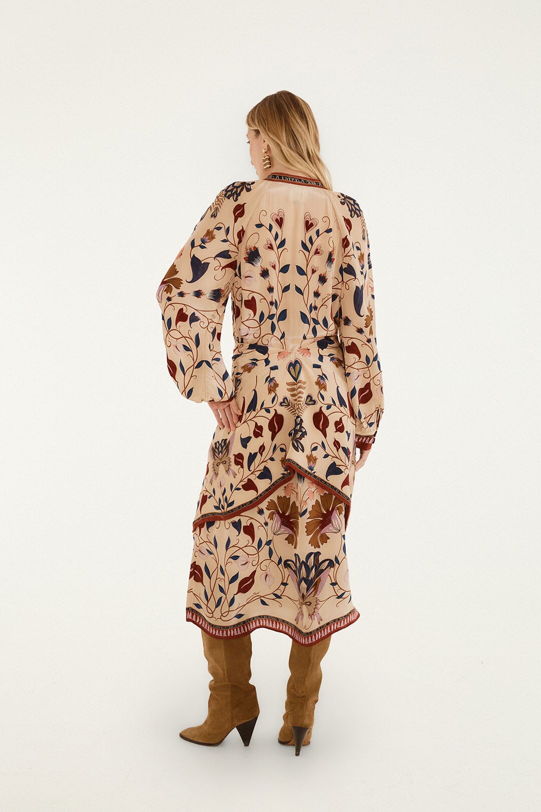 FARM Rio model wearing the Mystical Paradise Long Sleeve Midi Dress