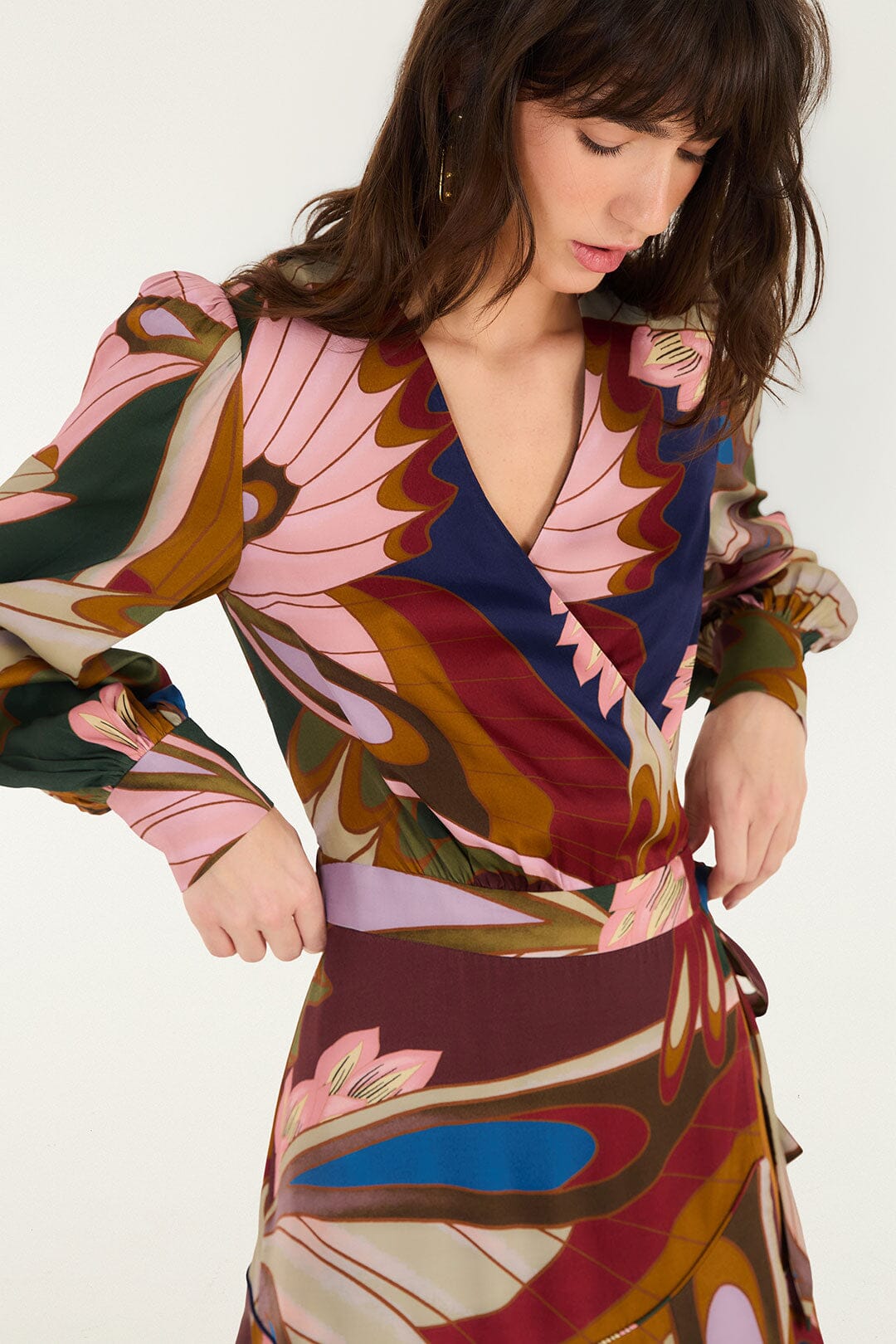 FARM Rio model wearing the Mystical Paradise Long Sleeve Mini Dress
