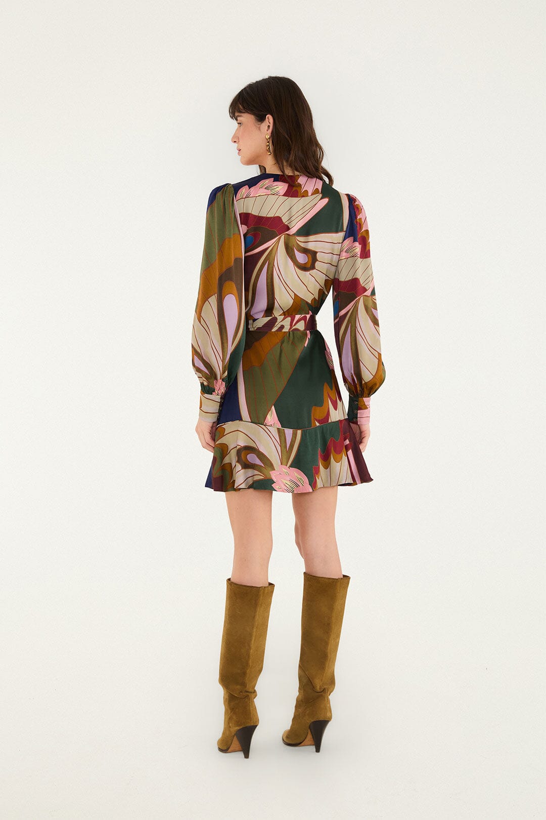 FARM Rio model wearing the Mystical Paradise Long Sleeve Mini Dress