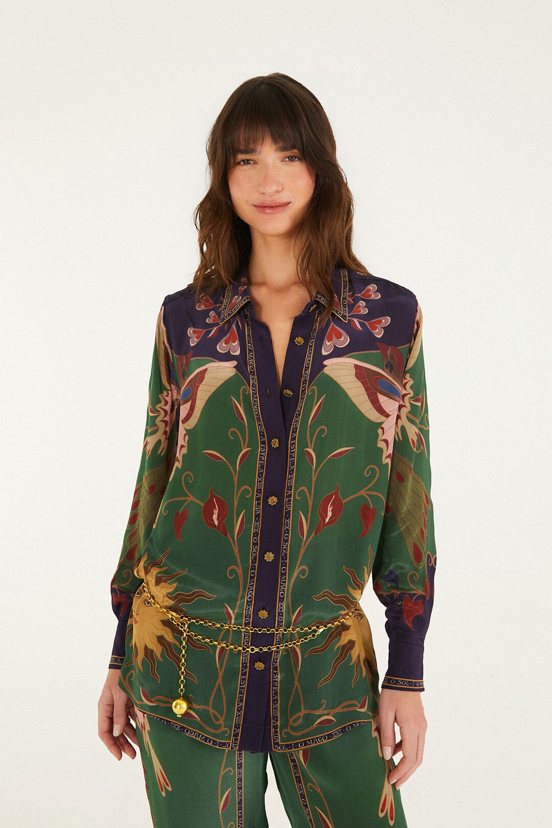 FARM Rio model wearing the Mystical Paradise Pajama Shirt