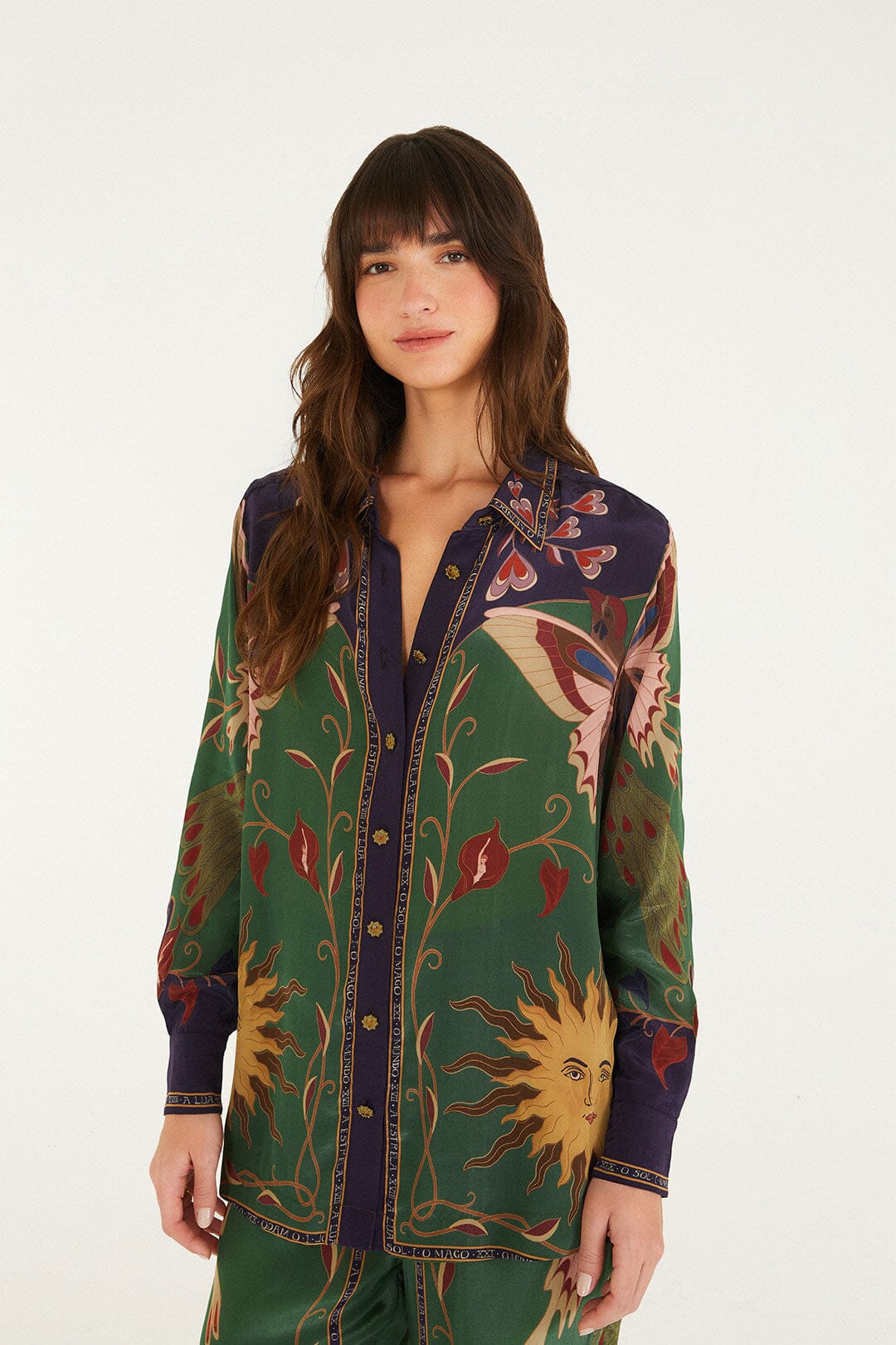 FARM Rio model wearing the Mystical Paradise Pajama Shirt