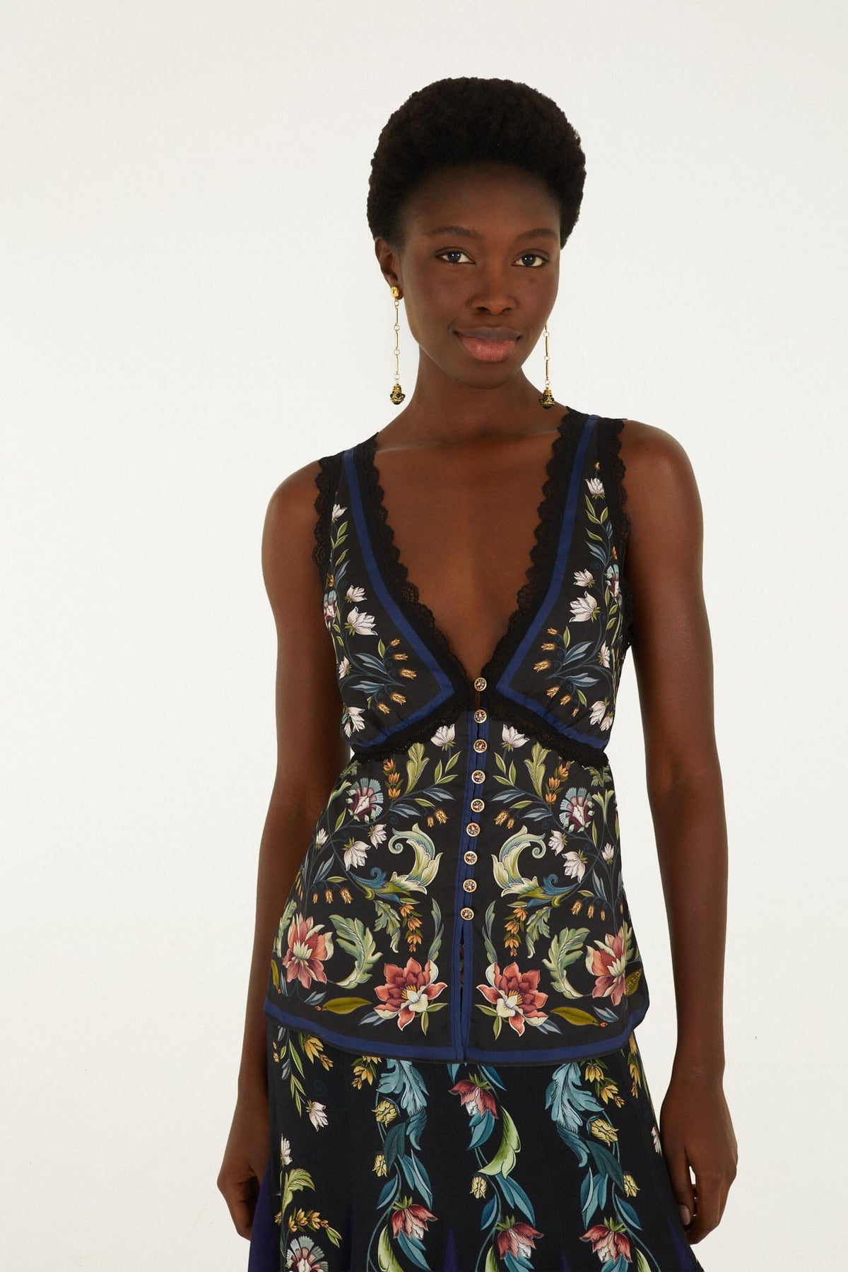 FARM Rio model wearing the Natalia Lace Sleeveless Blouse