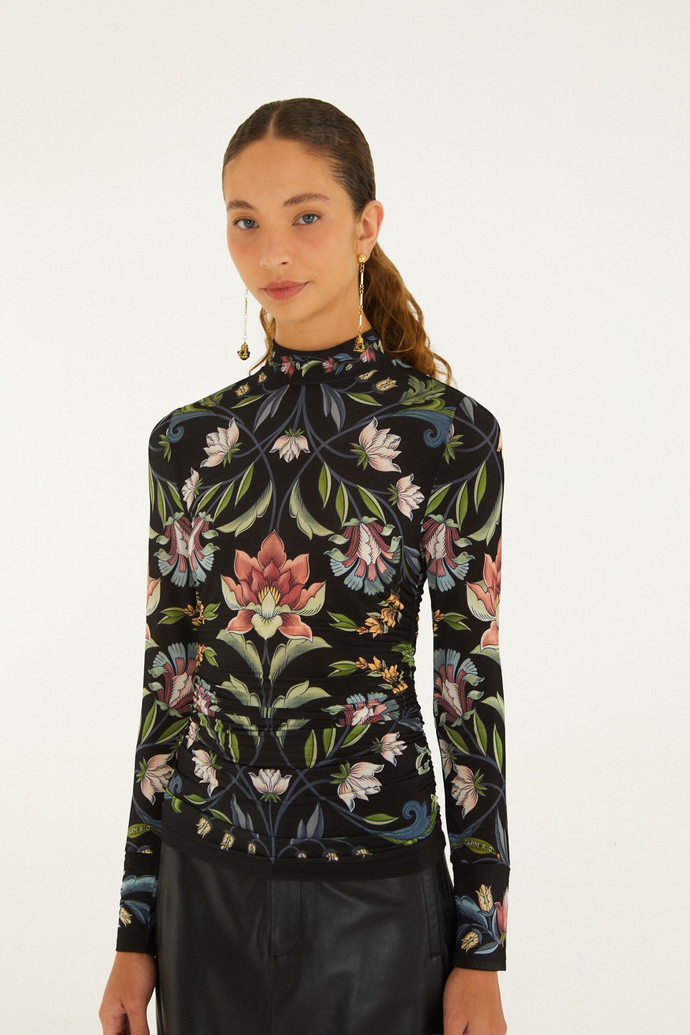 FARM Rio model wearing the Natalia Long Sleeve Jersey Blouse