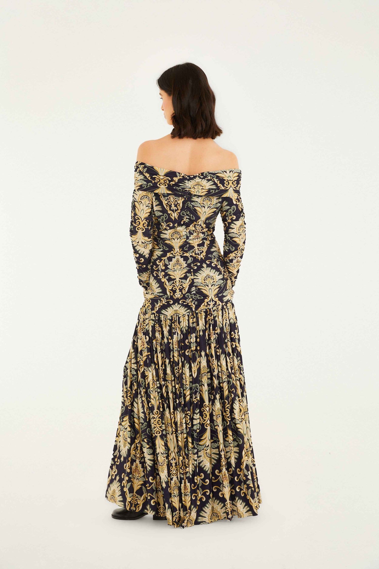 farm rio long-sleeve off-the-shoulder ruffled maxi dress Wonderful Arabesque off-the-shoulder printed stretch-jersey maxi dress - yellow