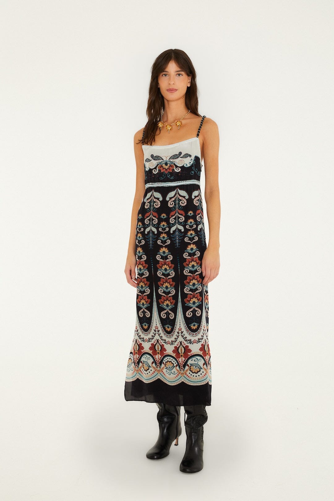 FARM Rio model wearing the Nikita Winter Sleeveless Midi Dress