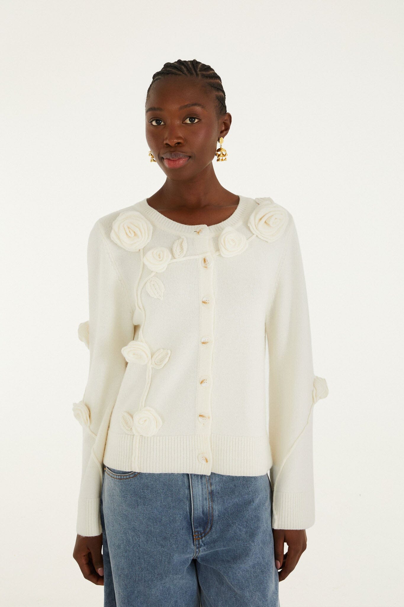 FARM Rio model wearing the Off-White 3d Flower Buttoned Knit Cardigan