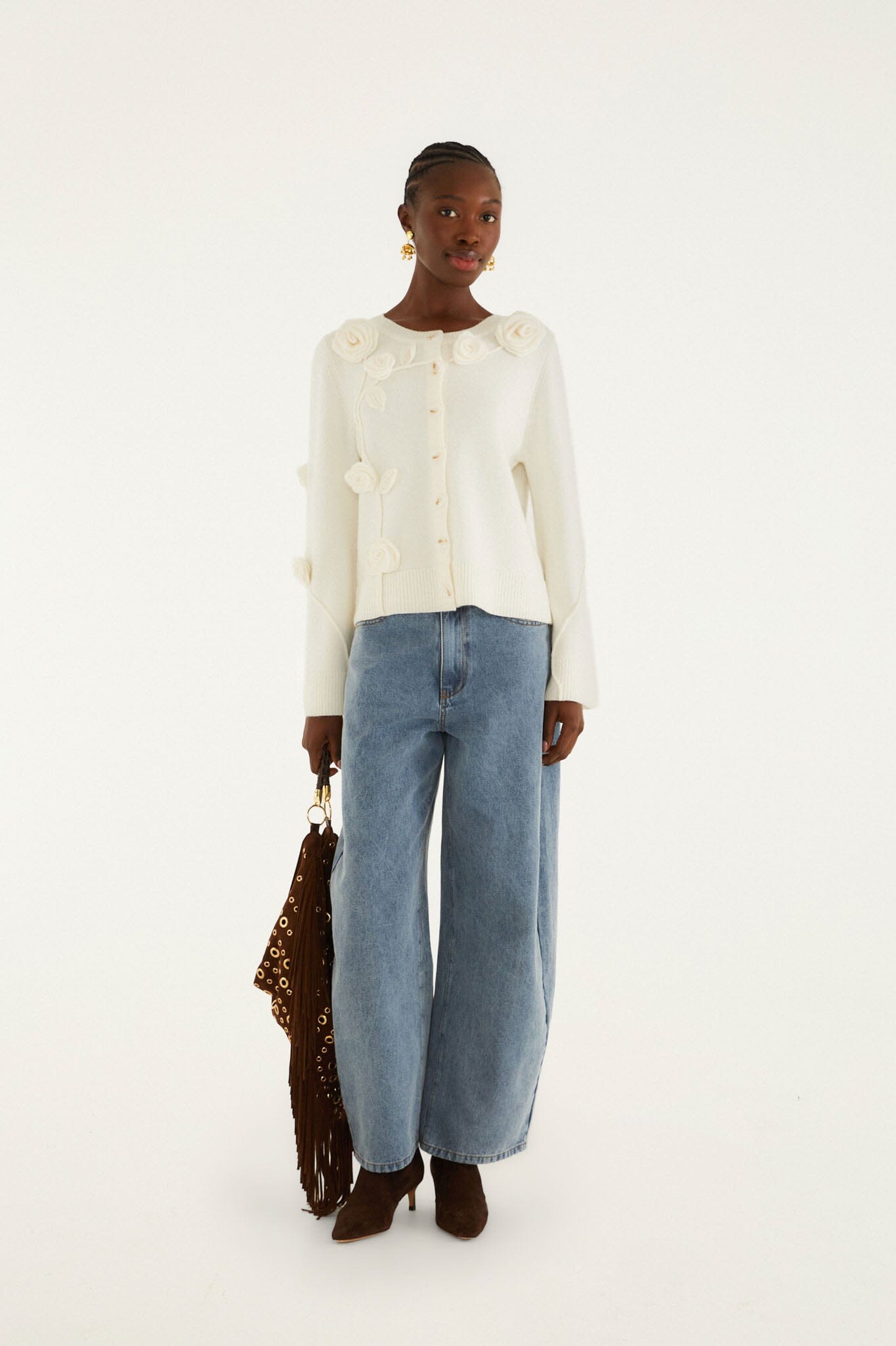 FARM Rio model wearing the Off-White 3d Flower Buttoned Knit Cardigan