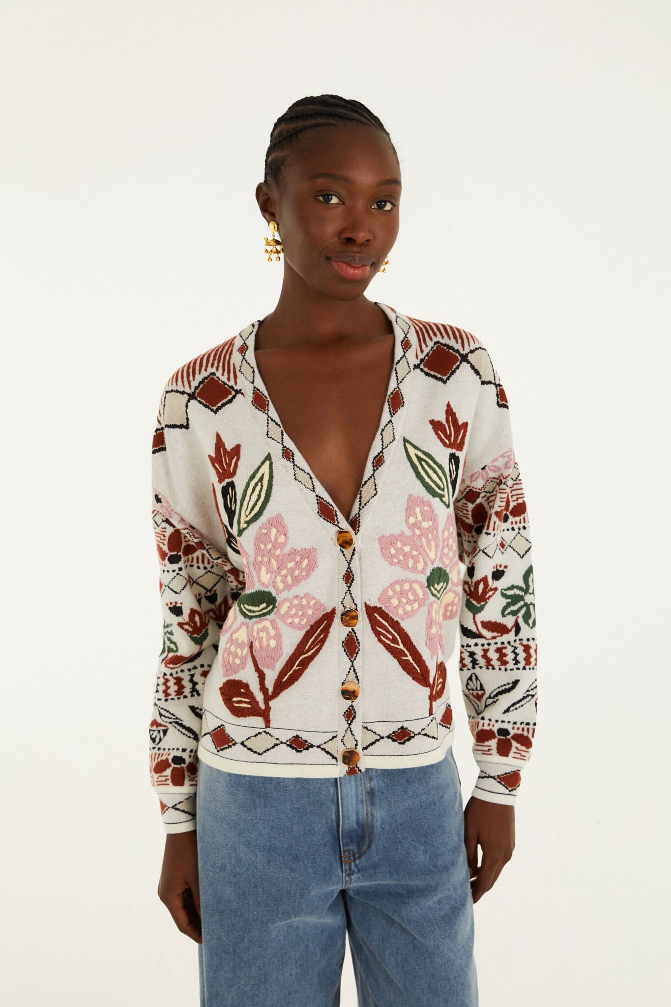 FARM Rio model wearing the Off-White Ainika Embroidered Flower Knit Cardigan