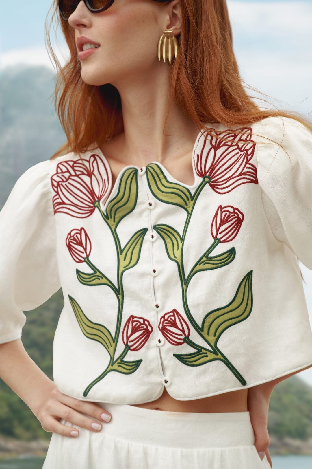 Off-White Flower Embroidered Euroflax Premium Linen Crop Top