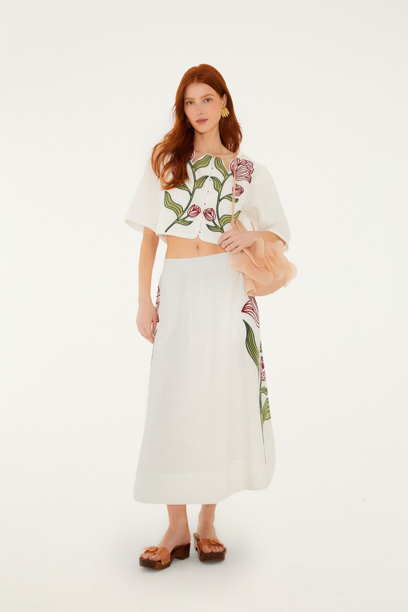 Off-White Flower Embroidered Midi Skirt